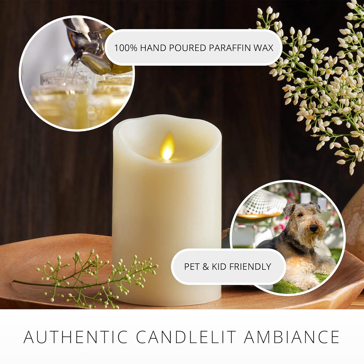 Luminara Realistic Artifical Flame Classic Pillar LED Candle - Moving Flame LED Battery Operated Lights - Unscented - Remote Ready - Ivory - 4" x 9"