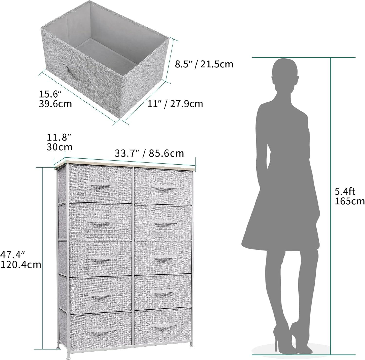 Gray 10-Drawer Fabric Storage Tower with Wooden Top