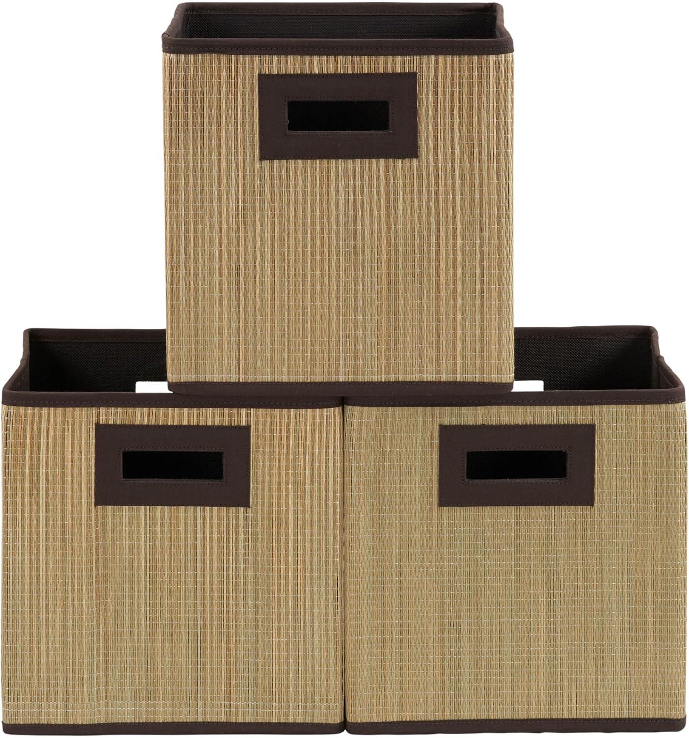 Brown Grass Cloth Fabric Foldable Storage Cubes, Set of 3