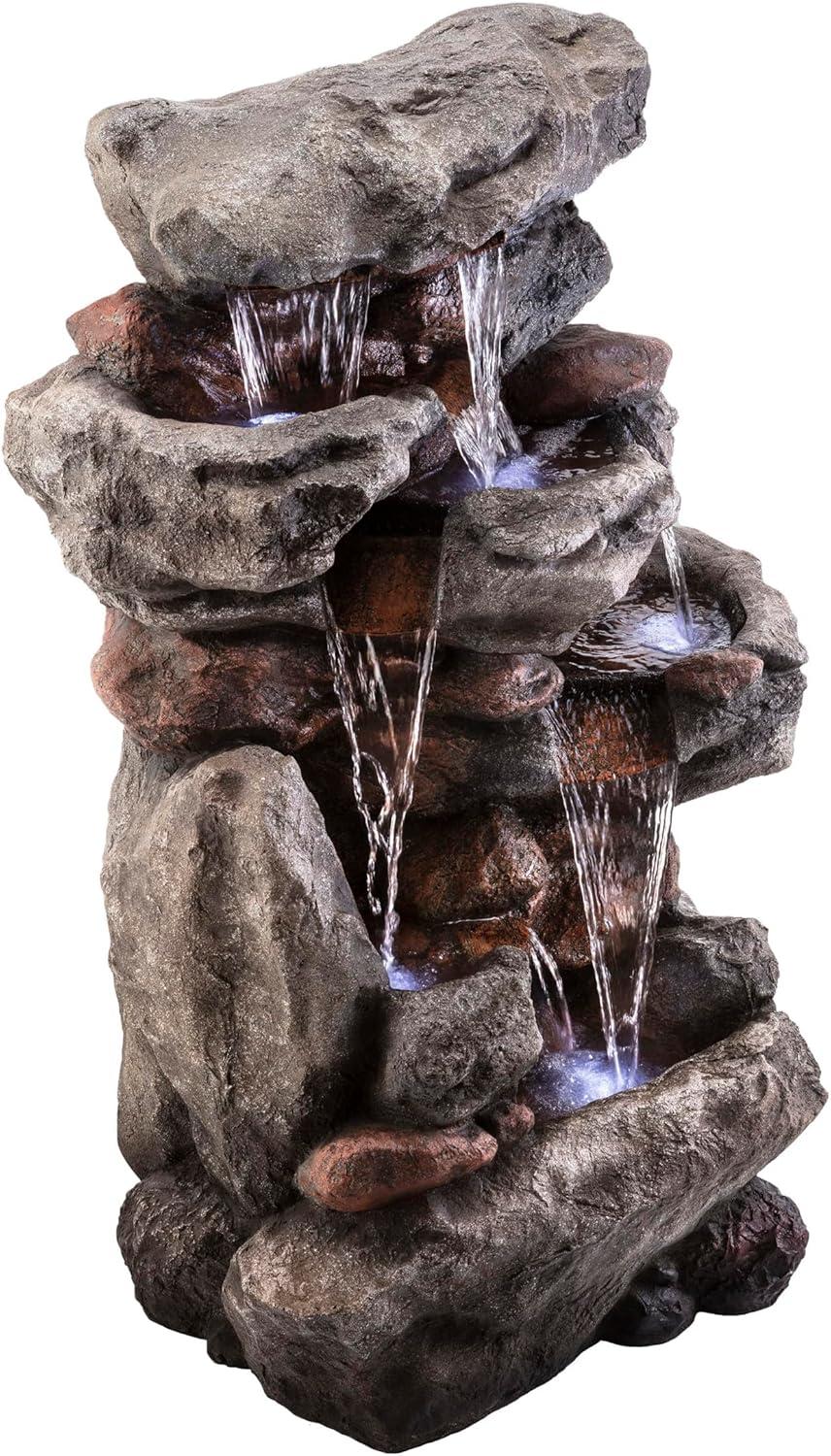 52" Resin Rainforest Rock Tiered Fountain with LED Lights Bronze - Alpine Corporation: Outdoor Garden Decor, Weatherproof