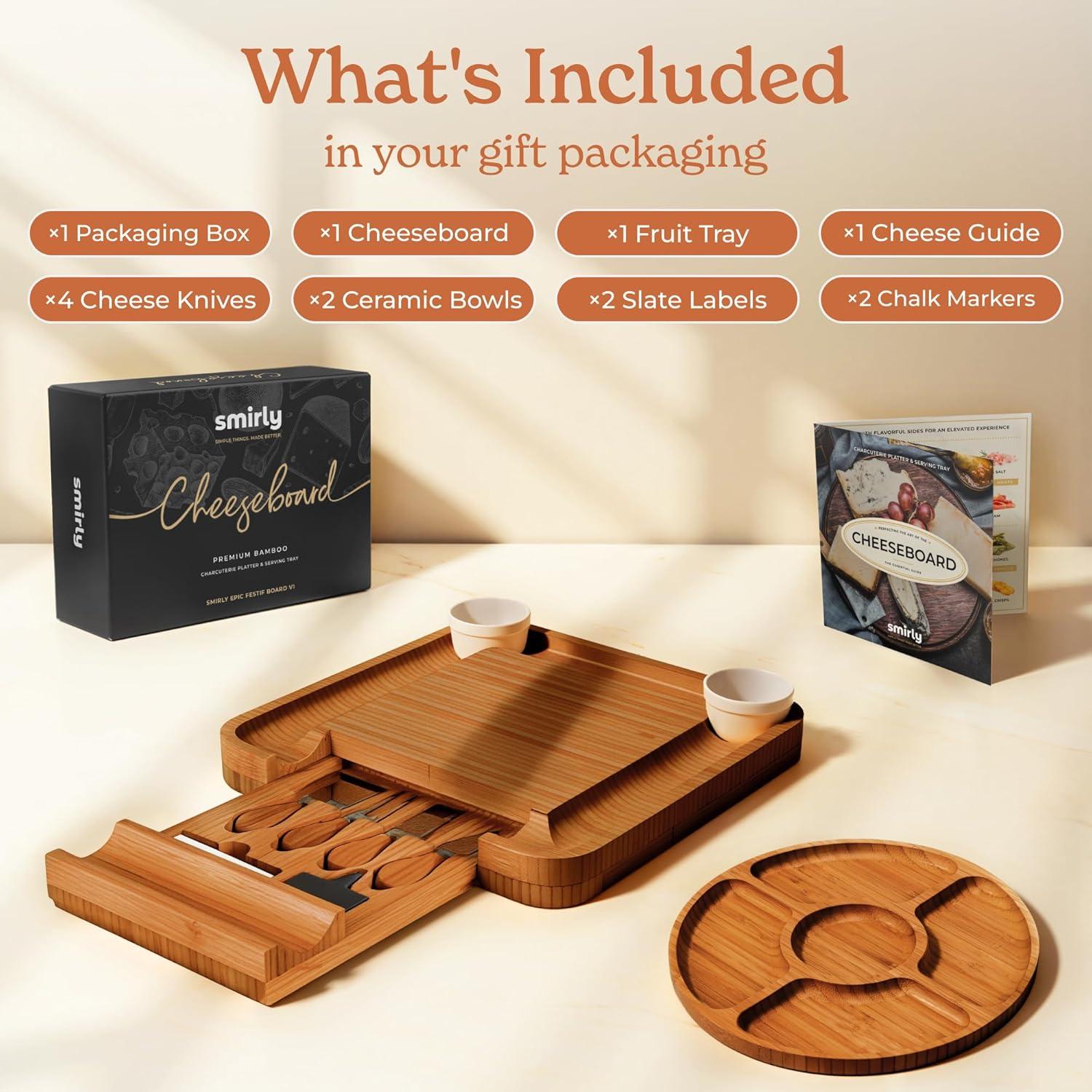 SMIRLY Charcuterie Board Set Large Bamboo Cheese Board with Fruit Tray & 2 Ceramic Bowls