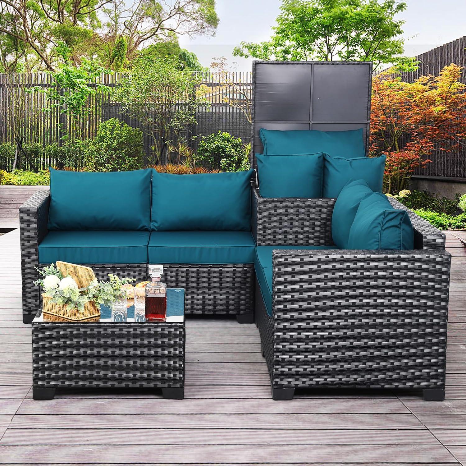 WAROOM Outdoor PE Wicker Patio Furniture Set 4 Piece Black Rattan Sectional Sofa Loveseat Couch Conversation Set with Storage Box Glass Top Table and Anti-Slip Peacock Blue Cushion