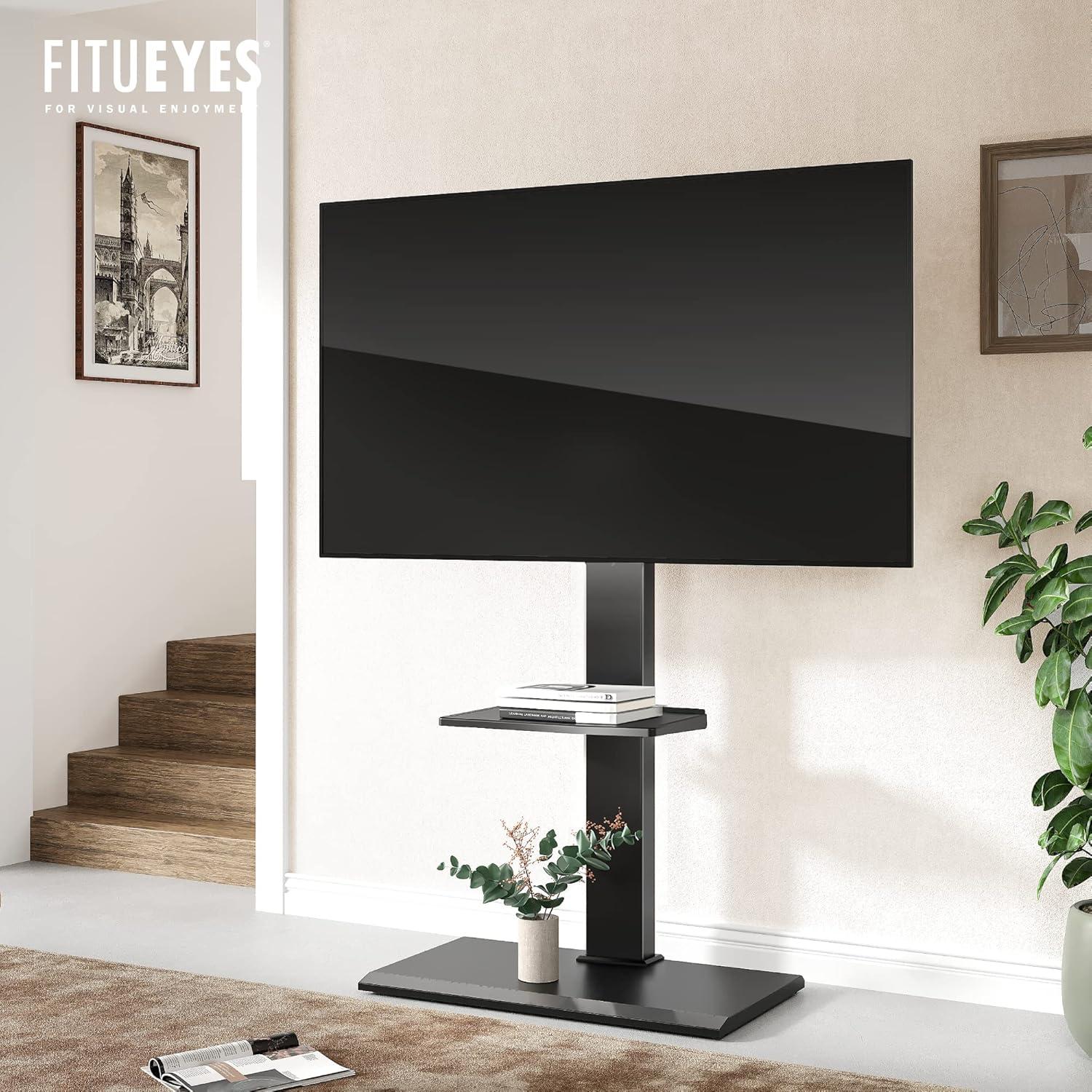 FITUEYES Floor TV Stand Iron Base with Swivel Mount for 50-85 Inch Large LCD/LED TVs Adjustable Shelf Tall Corner TV Stands for Bedroom and Living Room Hold Up to 110 lbs Black