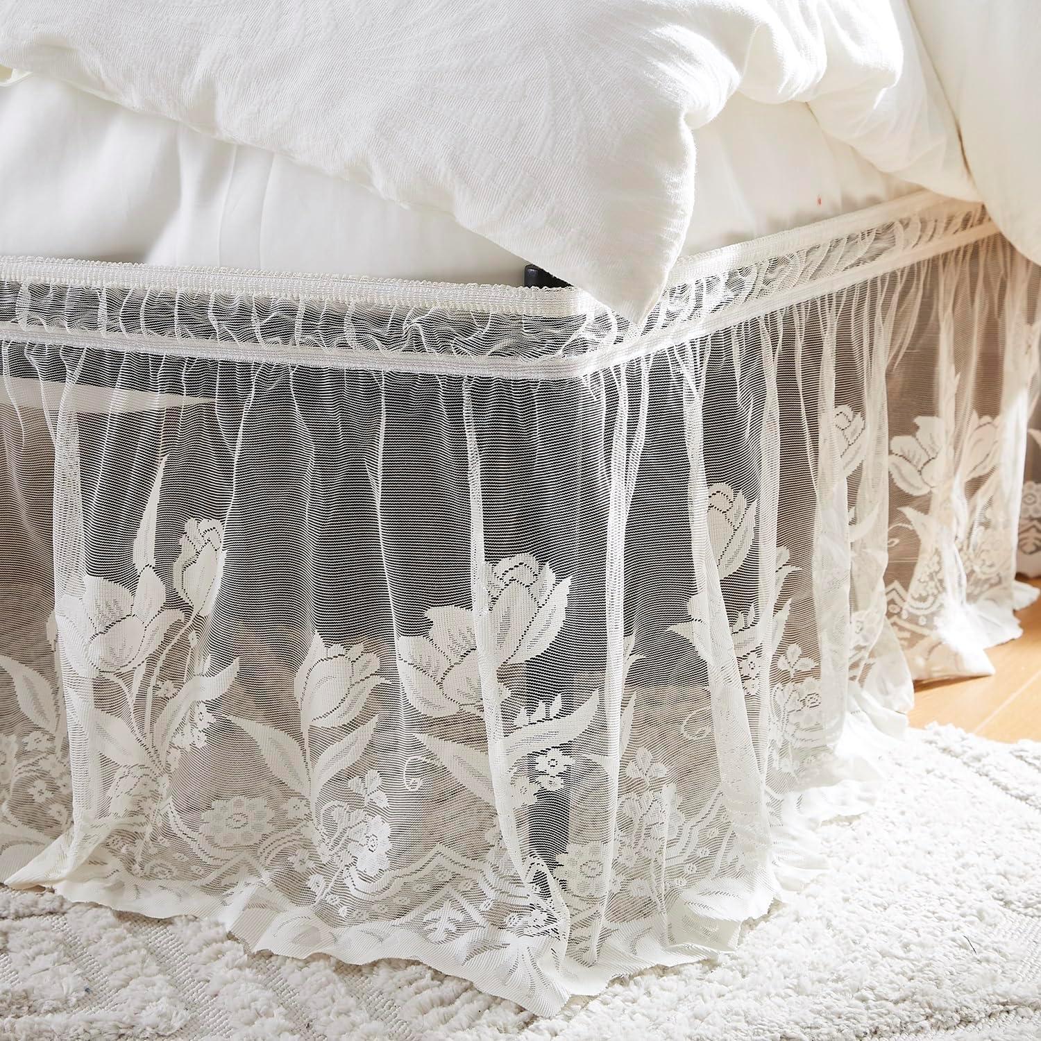 Beige King Size Lace Bed Skirt with Floral Design