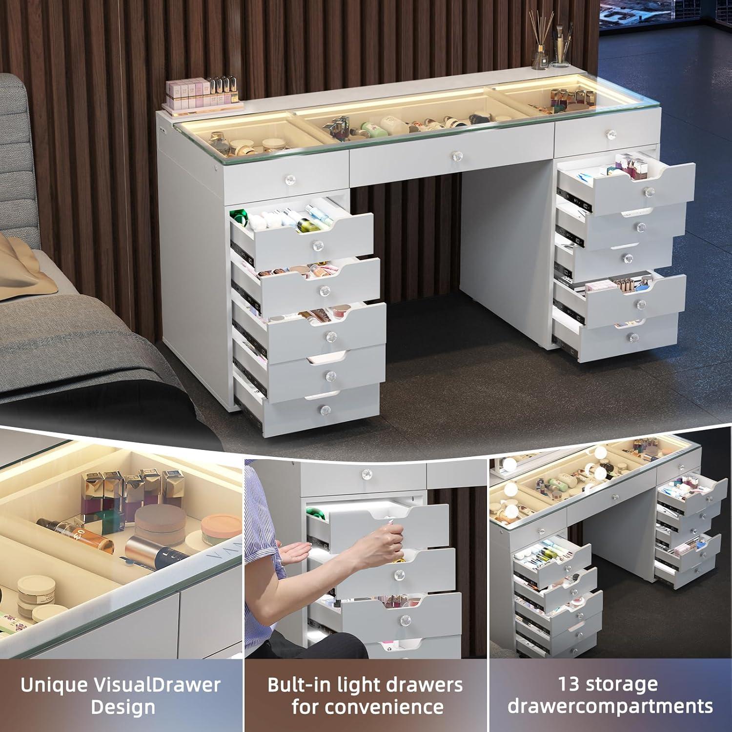 White 60" Vanity Desk with 13 Drawers and LED Lighting