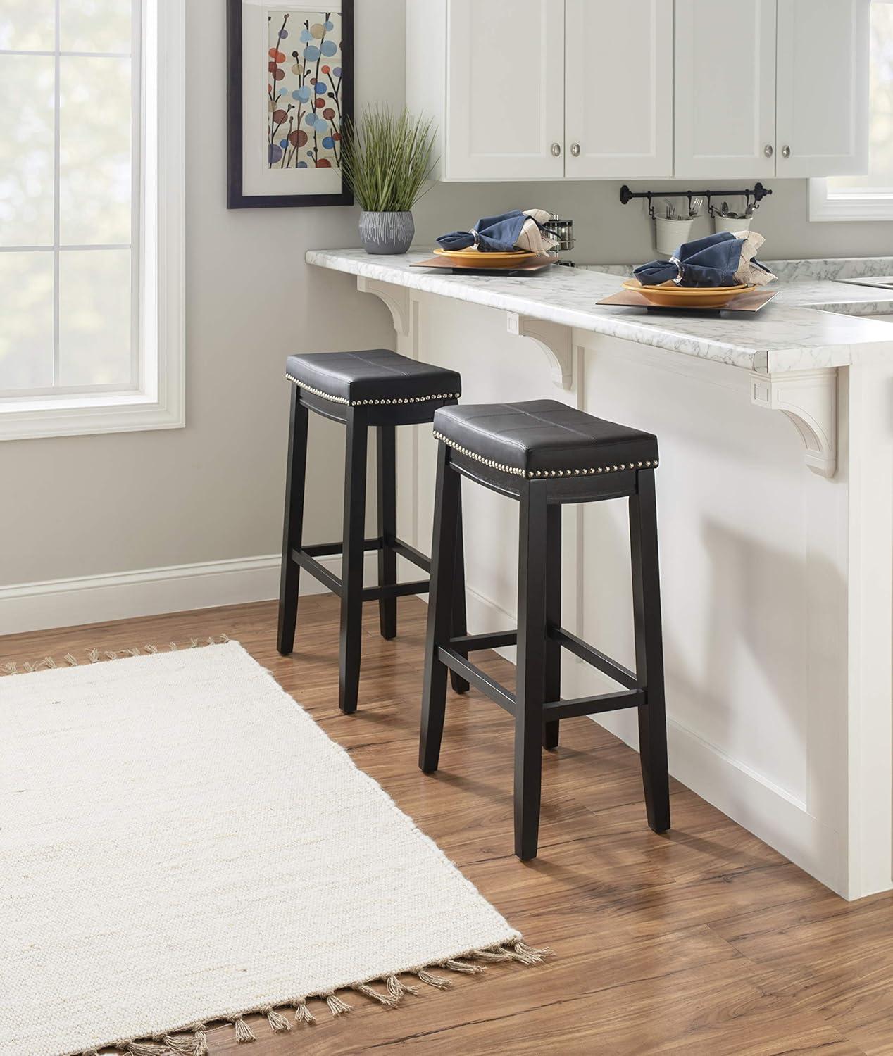 Claridge Backless Faux Leather Nailhead Saddle Barstool Black - Linon: Rubberwood Frame, 32.25" Height