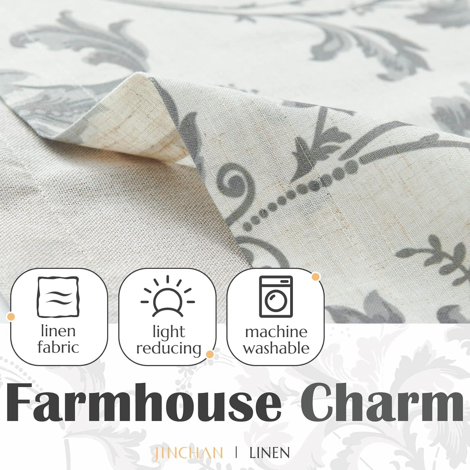 jinchan Linen Valance Curtain Farmhouse Window Decor Gray Floral Print for Kitchen Living Room Double Layer Blackout Valance 16 Inches Rustic Window Treatment 1 Panel Rod Pocket Grey on Beige