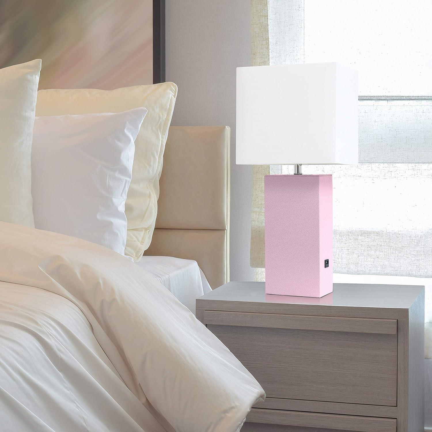 Elegant Designs 21" Modern Leather Wrapped Table Lamp with USB Port and Feit LED (Includes LED Light Bulb) Light Pink