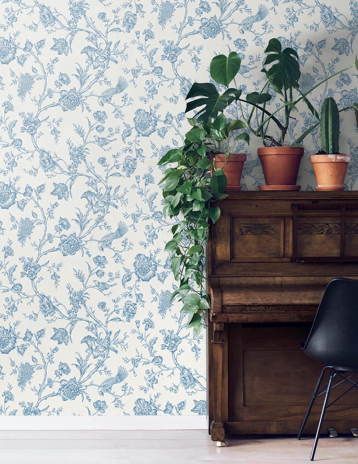 NextWall Carolina Blue Jasmine Chinoiserie Peel and Stick Wallpaper