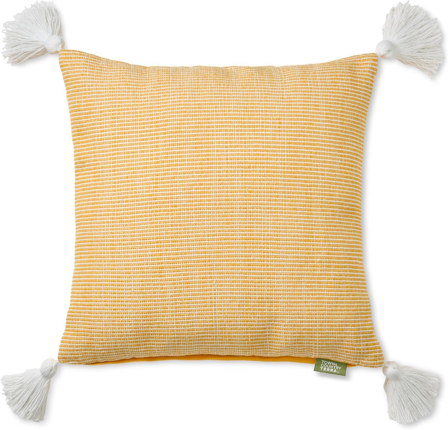 TOWN & COUNTRY TERRA Alara Ribbed Texture Handcrafted Indoor Outdoor Decorative Pillow, 100% Recycled Materials, UV Fade Resistant, Water Repellent, Yellow/Ivory, 20"x20"