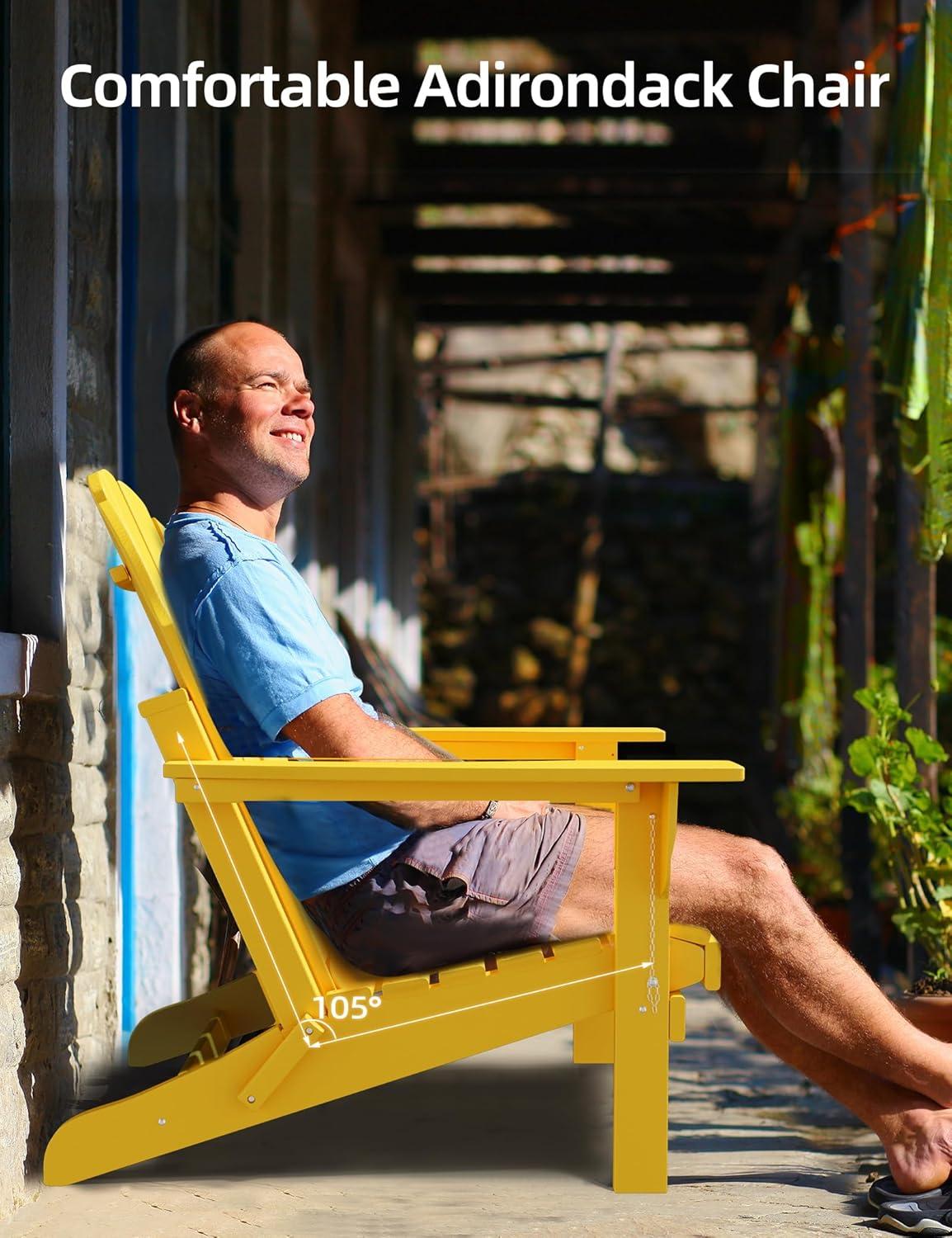 Folding Adirondack Chair - Durable HDPE Poly Lumber All-Weather Resistant, Foldable Oversized Balcony Porch Patio Outdoor Chair for Lawn, Backyard, Deck, Garden, Camping - Easy Installation, Yellow