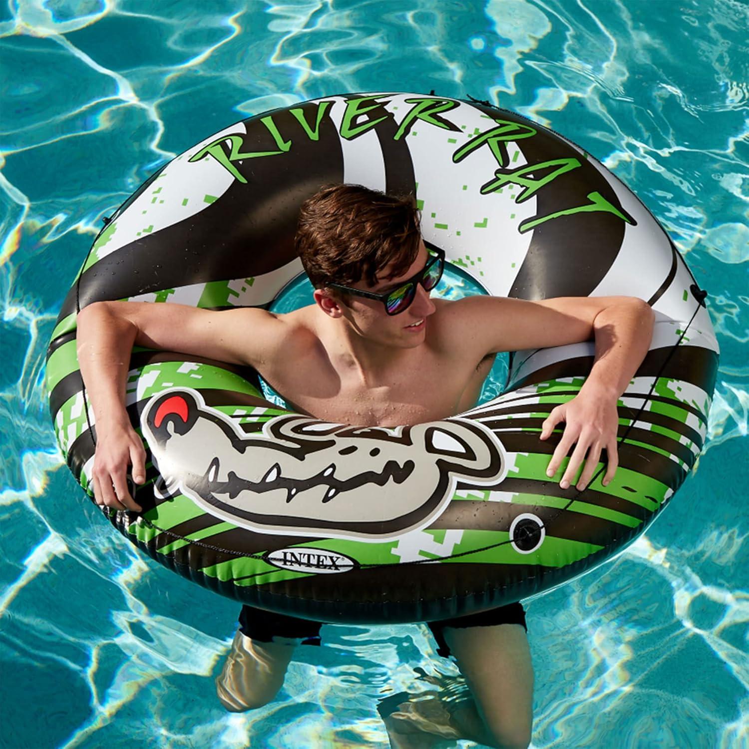 Intex River Rat 48 Inch Inflatable Vinyl Towable Boat Floating Tube Raft for Swimming Pool and Lake in Green Rat or Graffiti Rat Design, Color Varies