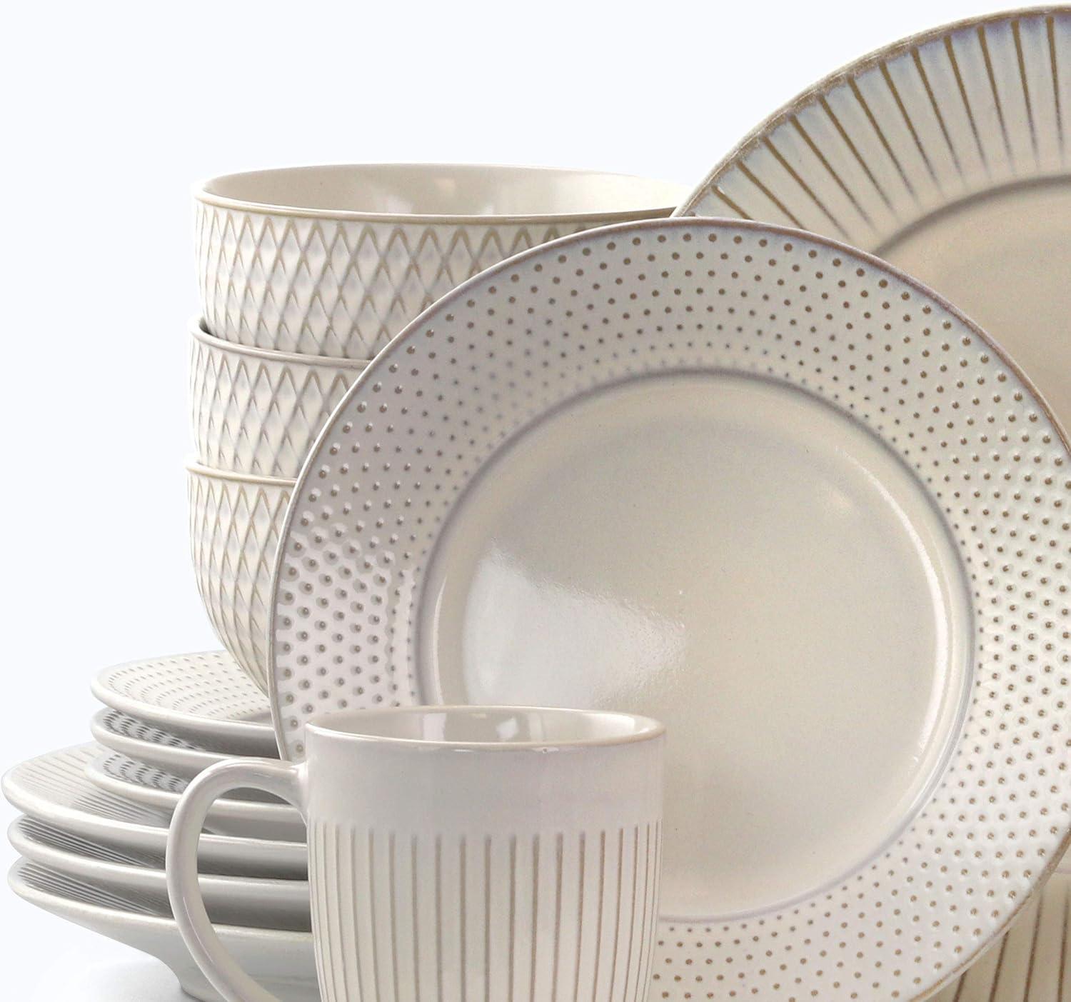 White Embossed Ceramic 16-Piece Round Dinnerware Set