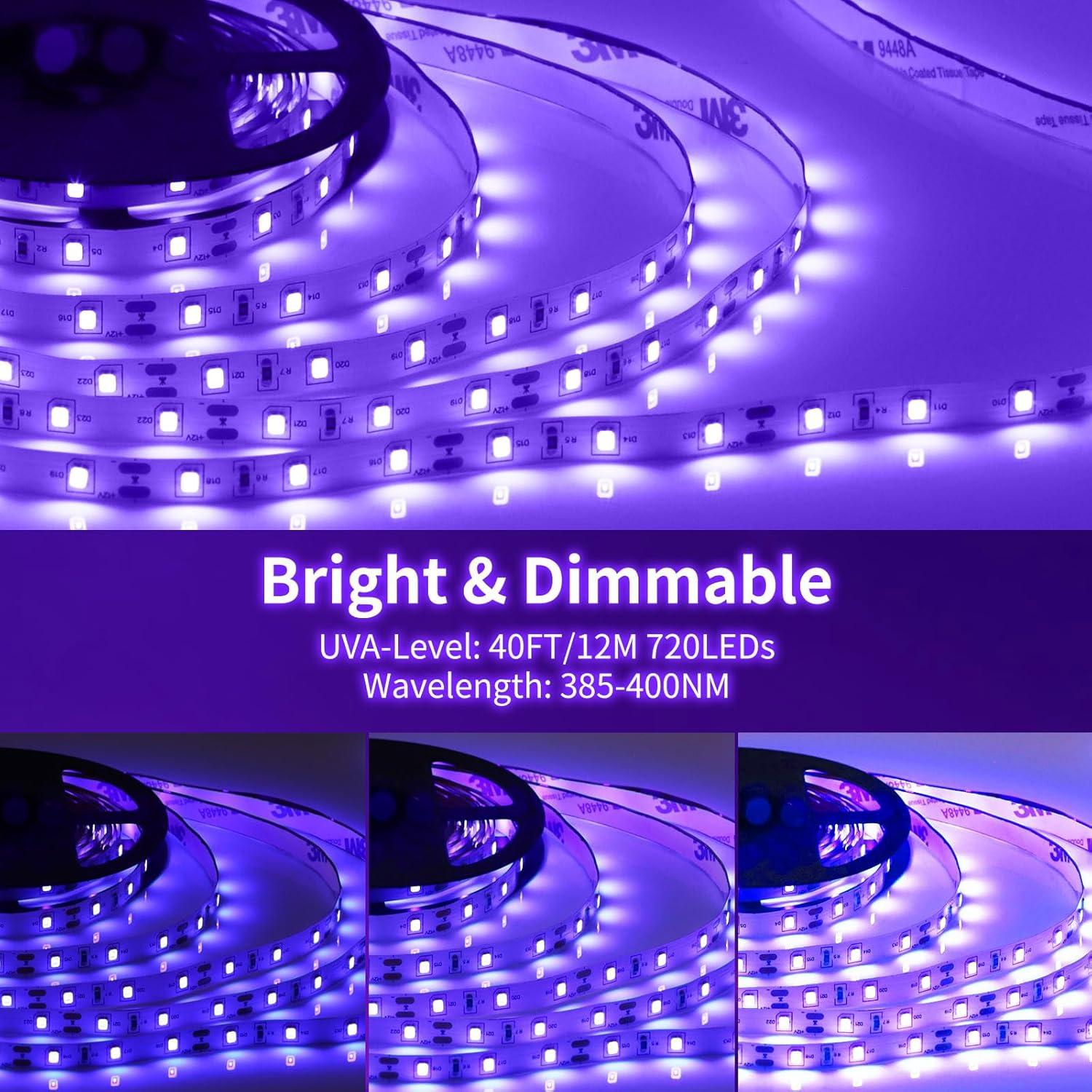 40 Foot Led Black Light Strip Kit, 720 Units Led, 12V Flexible Blacklight Fixtures, Non-Waterproof