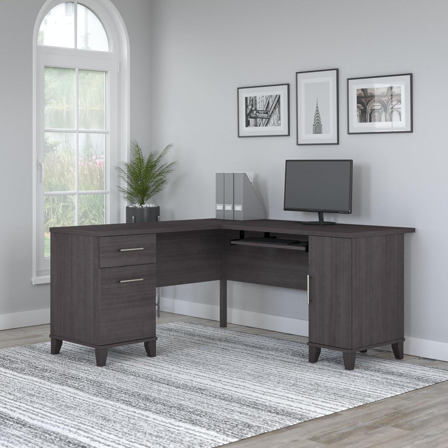 Bush Furniture Somerset 60" L Shaped Desk with Storage, Storm Gray