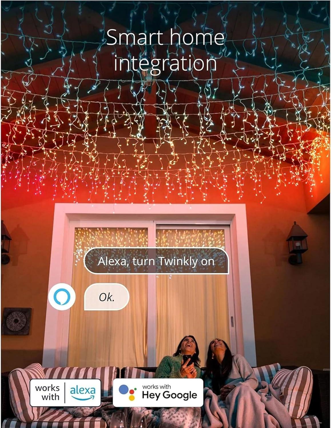 Twinkly Icicle App-Controlled LED Christmas Lights with 190 RGB (16 Million Colors) LEDs. Clear Wire. Indoor and Outdoor Smart Lighting Decoration