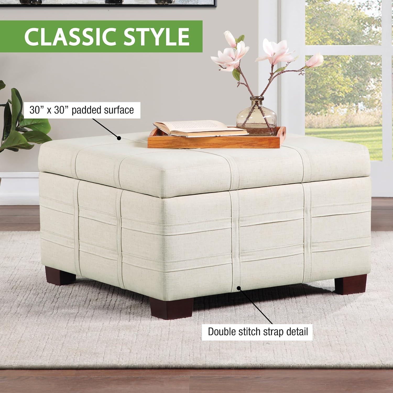 Detour Strap Square Storage Ottoman in Linen White Fabric