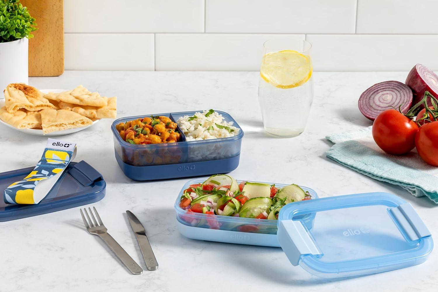 Ello 2pk Plastic Lunch Stack Food Storage Container Blue: Freezer, Dishwasher & Microwave Safe, Includes Utensils & Strap