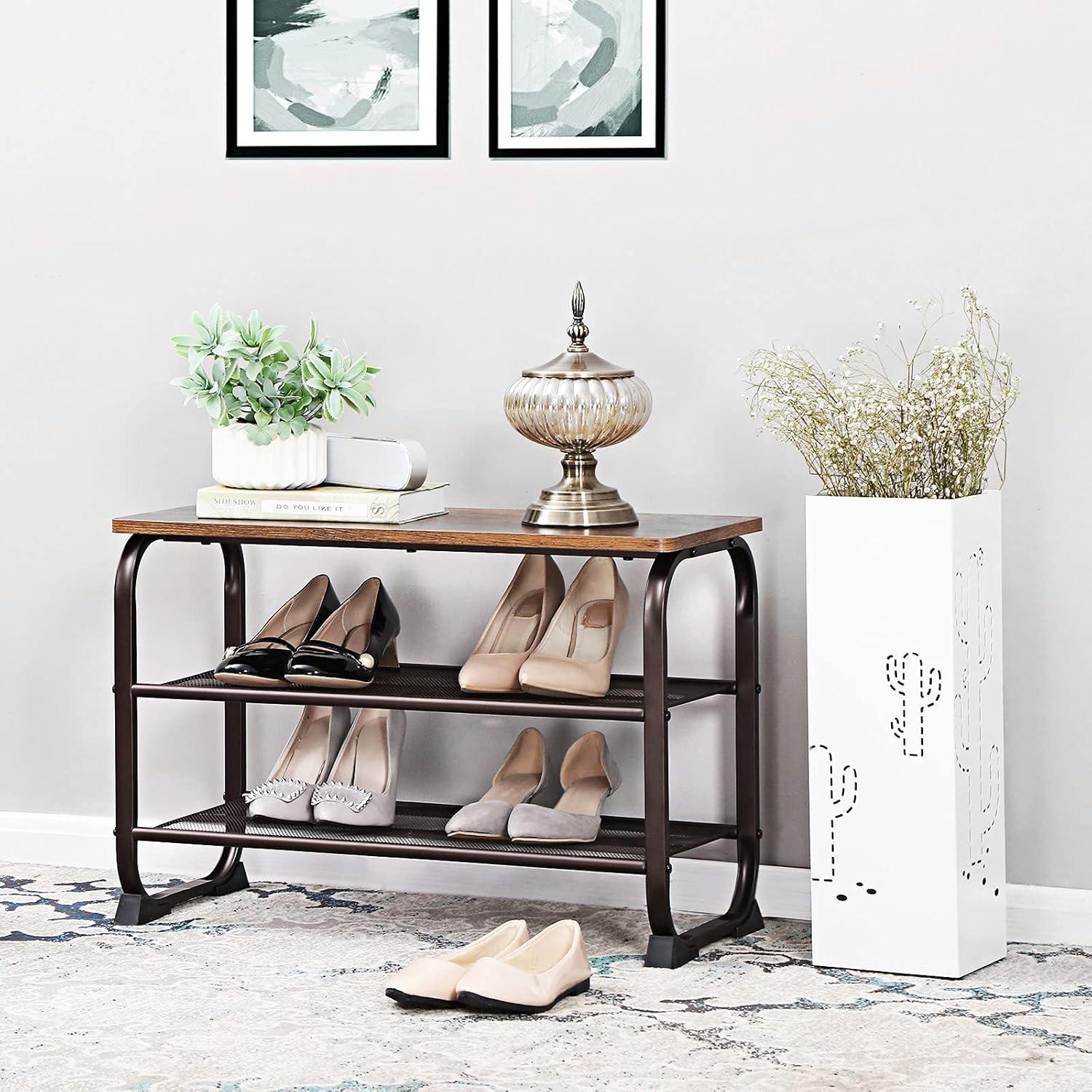 Rustic Brown Steel Frame 3-Tier Shoe Bench with Storage