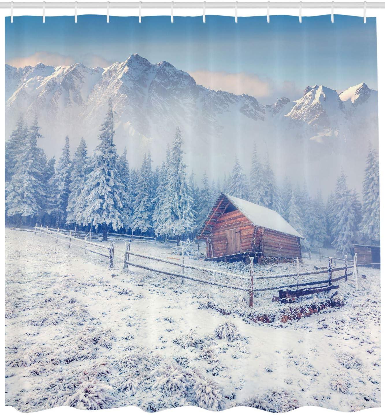 Ambesonne Winter Shower Curtain, Old Farmhouse Rustic, 69"Wx70"L, Caramel White Blue