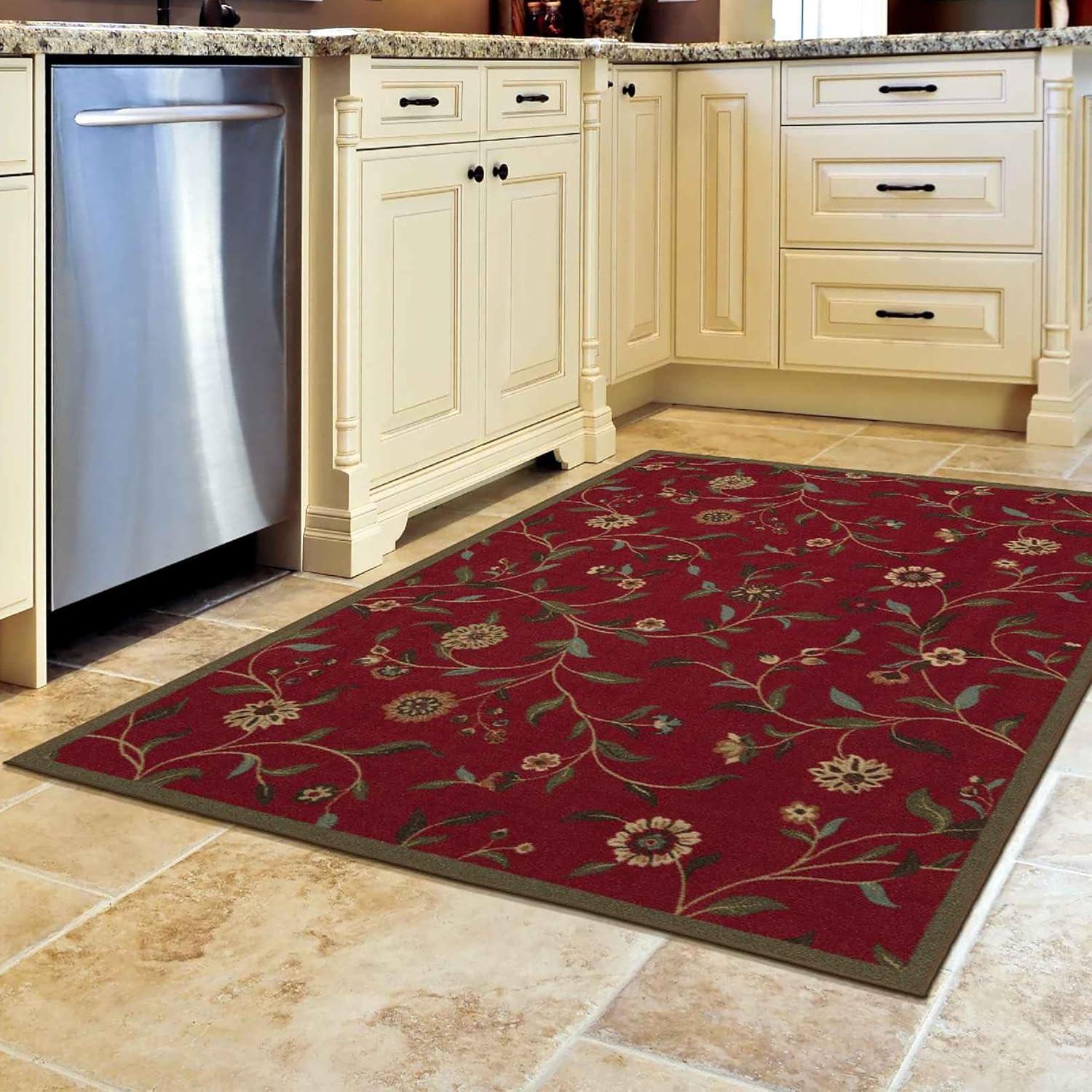 Ottohome Machine Washable Non-Slip Floral Leaves Area Rug For Living Room, Hallway Runner, Entryway Rug