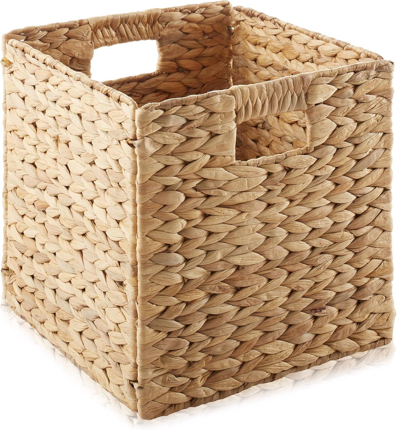 Casafield 10.5" x 10.5" Water Hyacinth Storage Baskets - Set of 2 Collapsible Cubes, Woven Bin Organizers for Bathroom, Bedroom, Laundry, Pantry