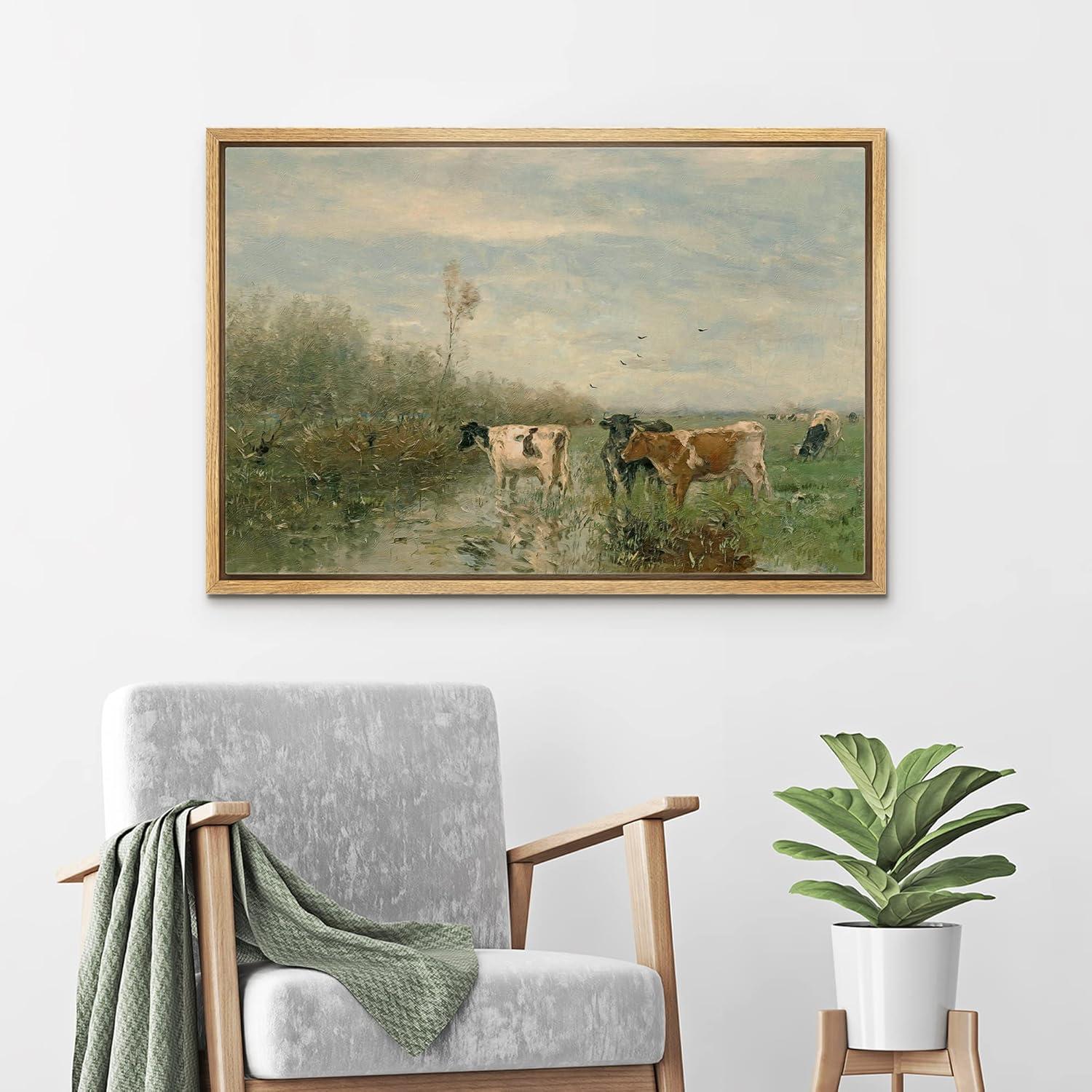 Cow in the River Landscape Farmhouse Country Pictures Decor Wall Art Framed Canvas Painting Print