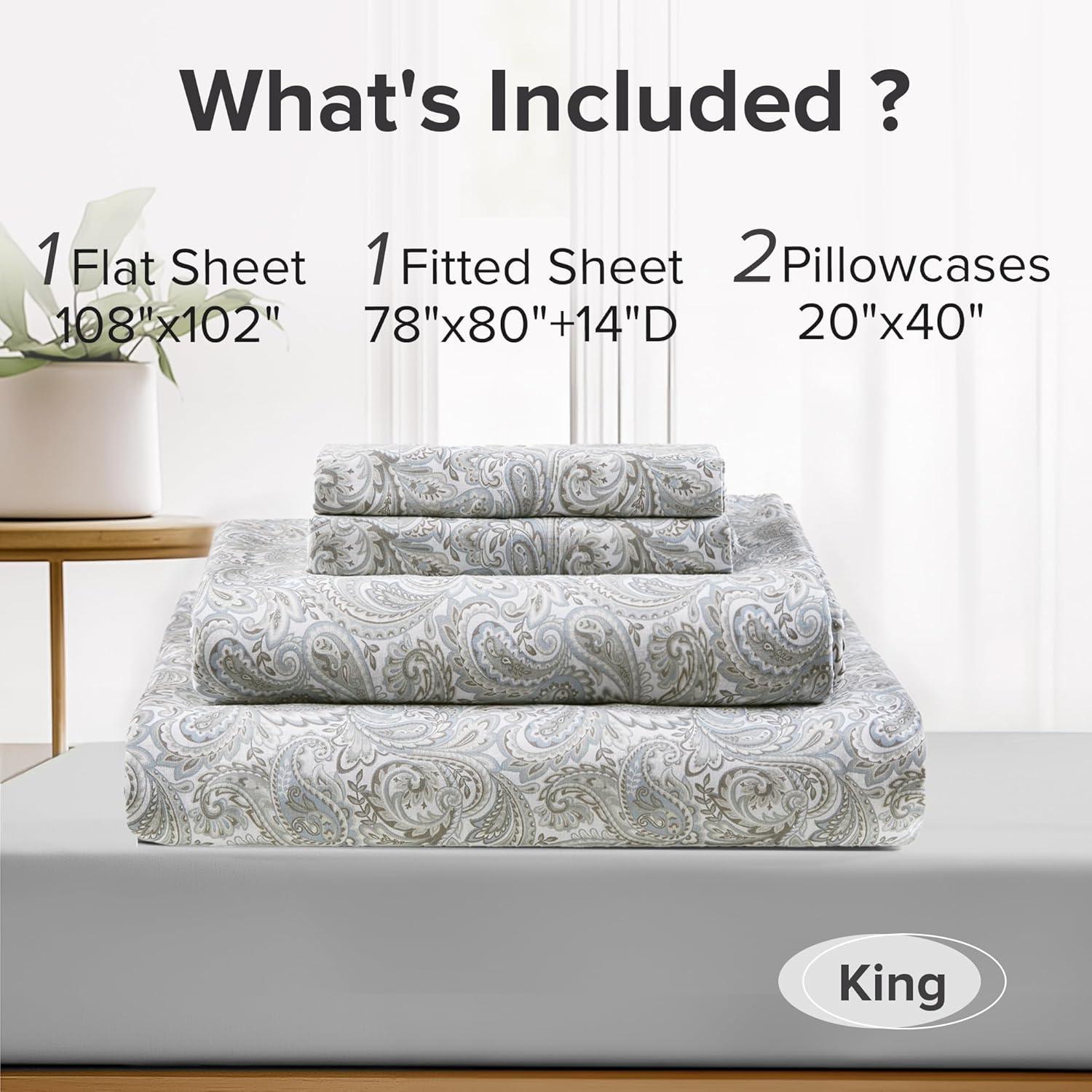 Comfort Spaces 100% Cotton King Sheet Set4-Pieces Gray Paisley Lightweight Breathable All Season Cozy Sheet Set