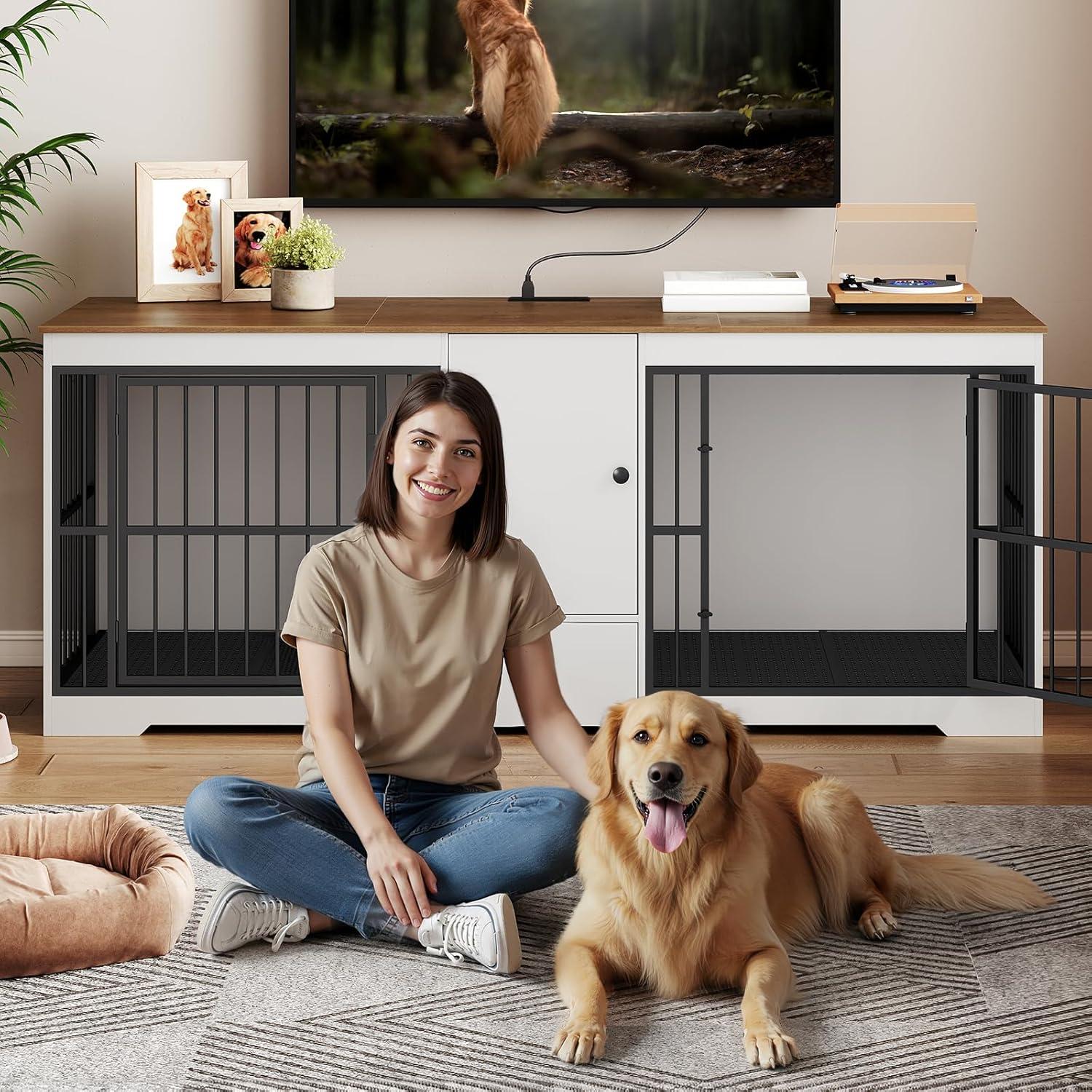 Tucker Murphy Pet™ 72.8 Inch Dog Crate Furniture For 2 Dogs, Farmhouse Double Dog Cage Furniture With Storage Cabinet And Drawer, Wooden Dog Kennel Tv Stand With Power Outlet