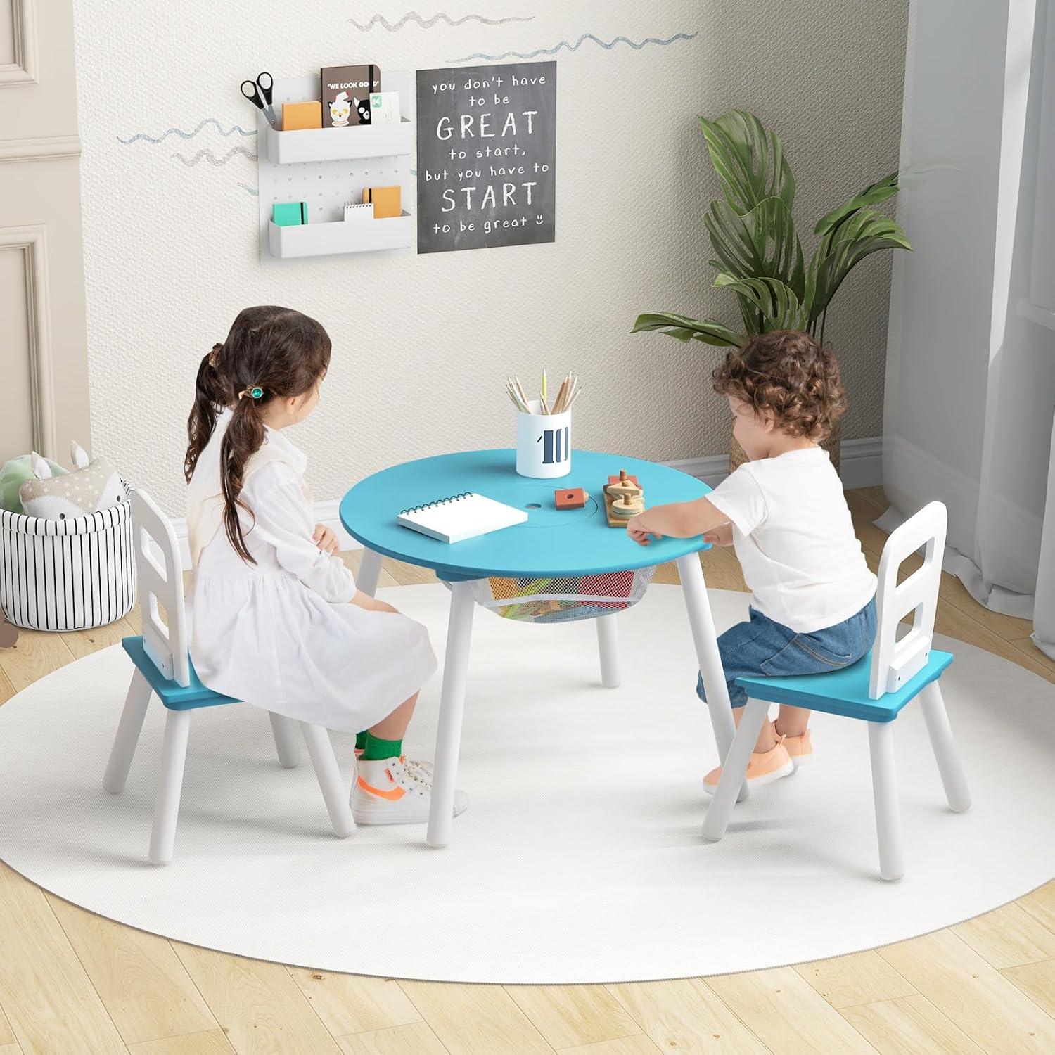INDSUMOT Kids Table and Chair Set, Wooden Children Activity Table and 2 Chairs for Art & Craft, Storage Mesh Basket, 3-Piece Toddler Furniture Set for Daycare & Playroom, Gift for Boys Girls(Blue)