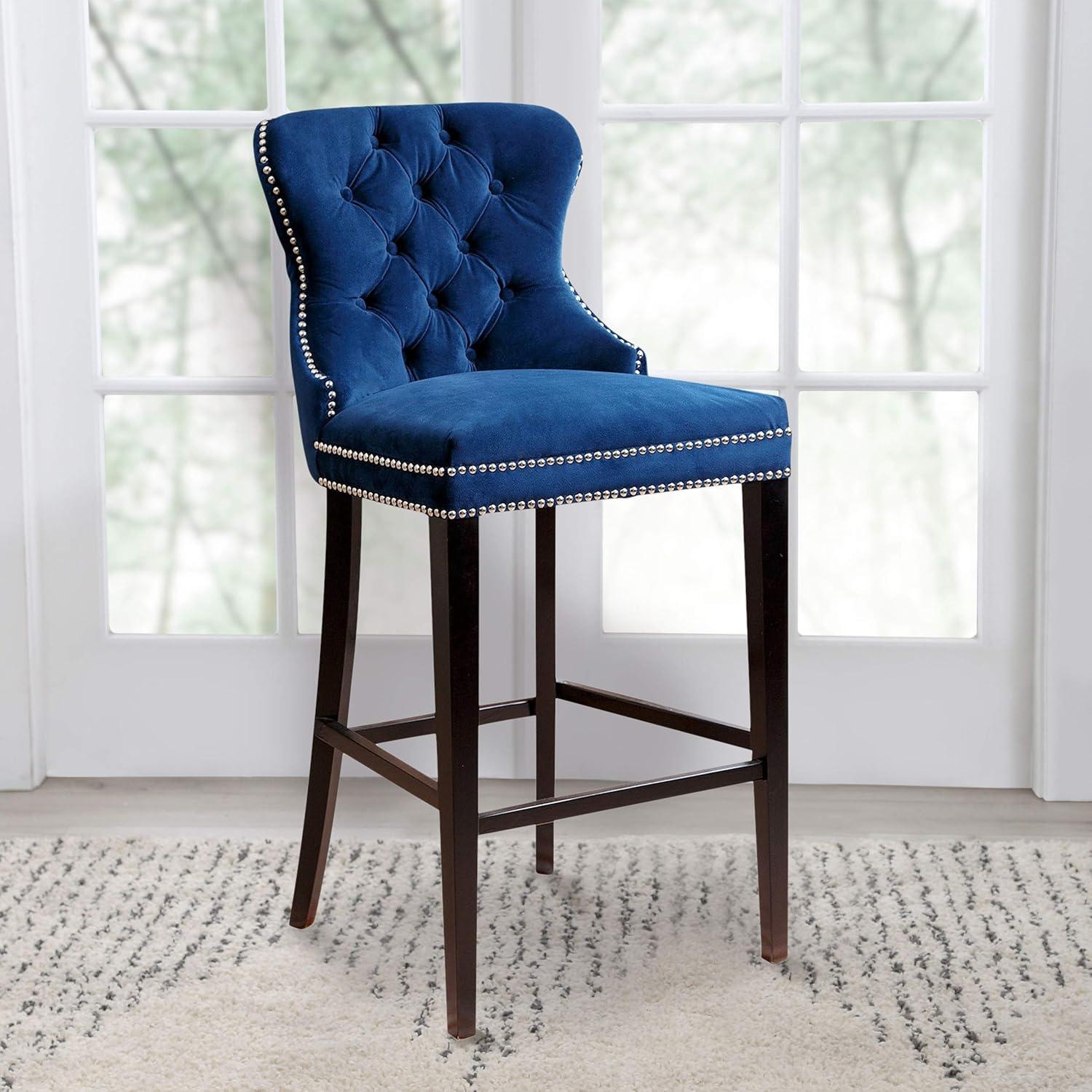 Elegant Gray Velvet & Wood High Back Bar Stool with Silver Nailhead Trim