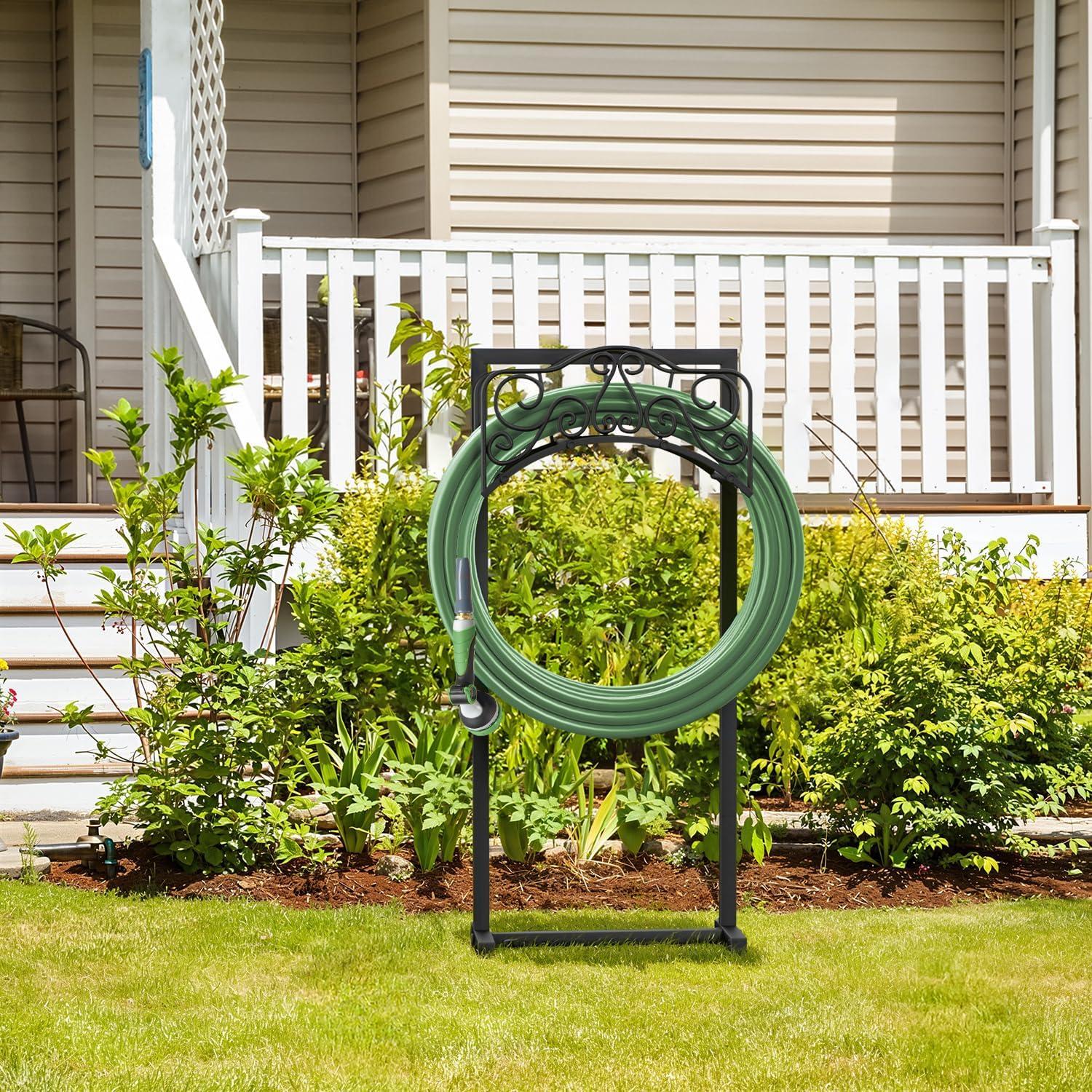 Freestanding Black Metal Garden Hose Holder with 4 Spikes