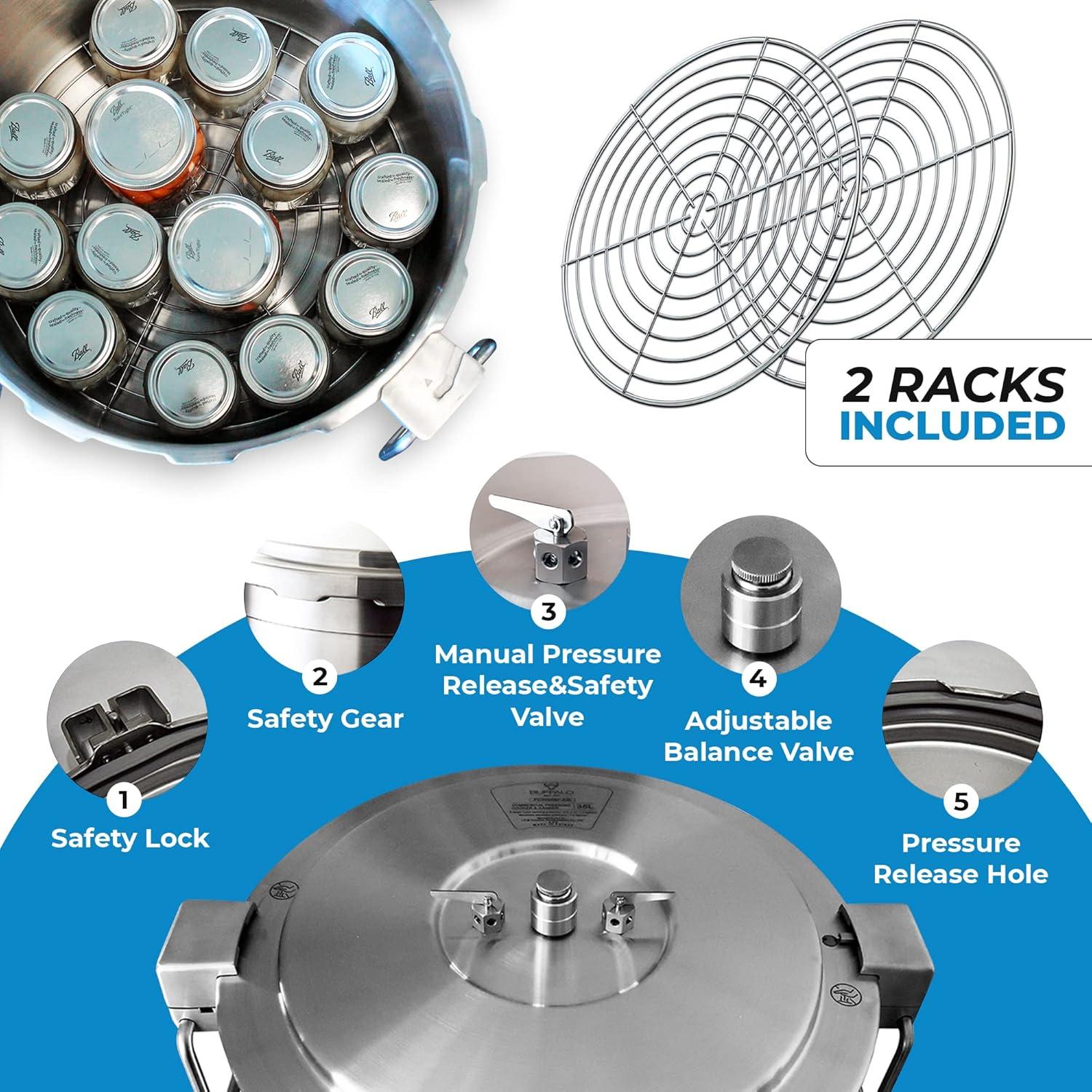 Buffalo 37 Quart Stainless Steel Pressure Cooker Extra Large Canning Pot with Rack and Lid for Home, Commercial Use - Easy to Clean Stove Top Pressure Canner, Can Cooker - SG Certificate QCP435
