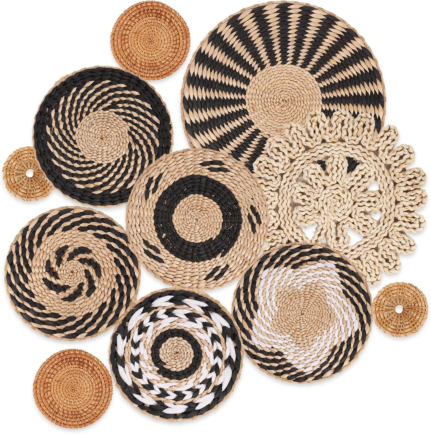 Tatuo 11 Pcs Boho Wall Basket Decor Decorative Bulrush Woven Basket Wall Decor Art Round Farmhouse Hanging Baskets for Kitchen Rustic Home Summer Decorations, Multi Sizes(Retro)