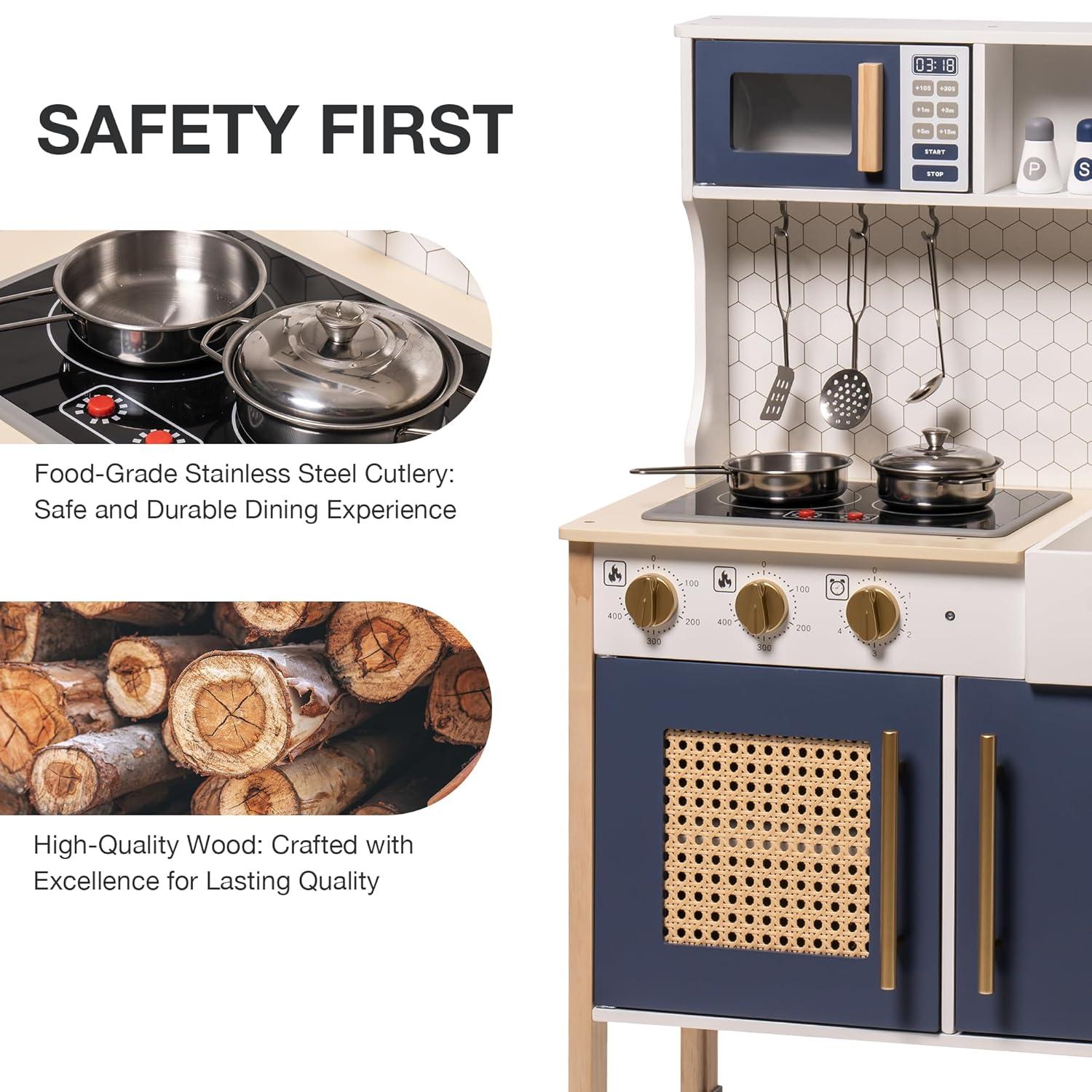 Robud Play Kitchen, Wooden Adjustable Height Pretend Playset for 3+ Boys and Girls, w/Sound & Light,Gem Blue