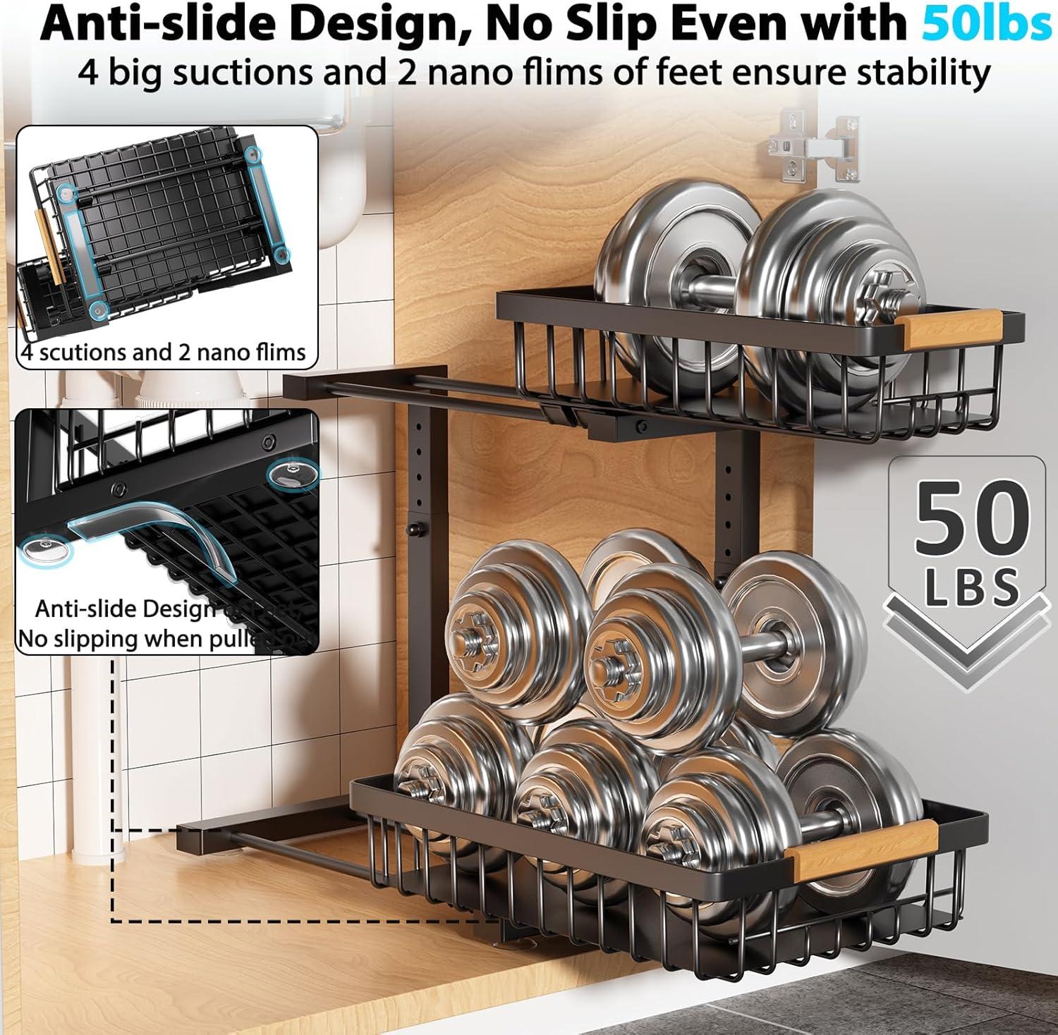 Rebrilliant Under Sink Organizer, 2 Tier Under Sink Organizers And Storage, Metal Slide Out Pull Out Cabinet Organizer ,2 Pack Sliding Drawer Organizer For Kitchen Bathroom Pantry