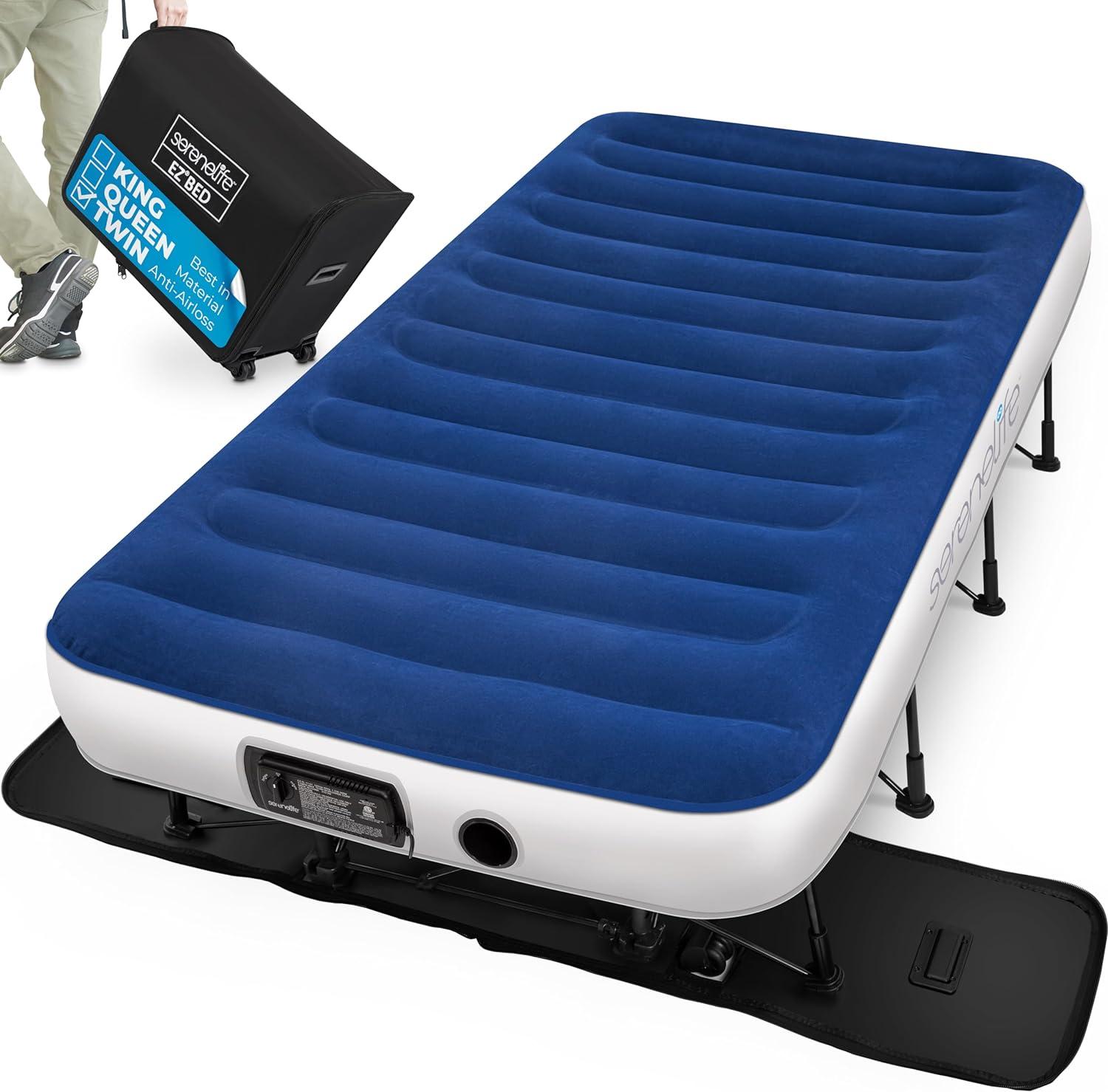 SereneLife EZ Air Mattress with Frame & Rolling Case, Foldable Self-Inflating Air Bed with Built in Pump, Twin