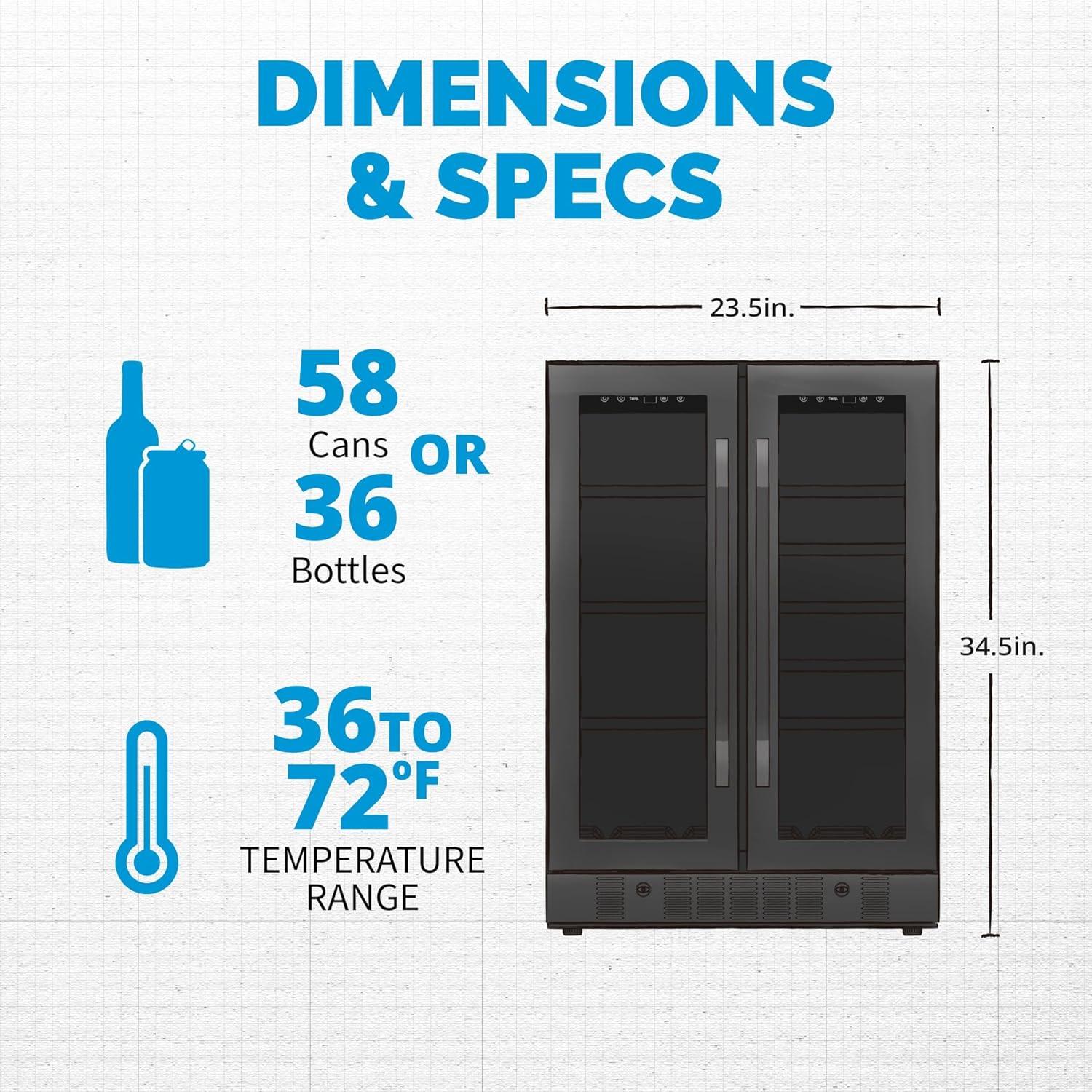 Newair 24" Wine and Beverage Refrigerator and Cooler, 18 Bottle and 60 Can Capacity, Built-in Dual Zone Fridge in Black Stainless Steel