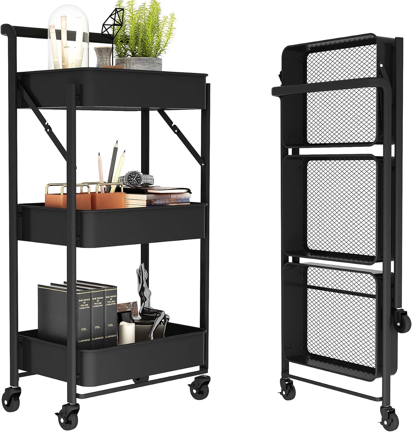 3-Tier Metal Mobile Cart, Foldable, Locking Wheels for Utility, Craft, Storage, Organization, Black