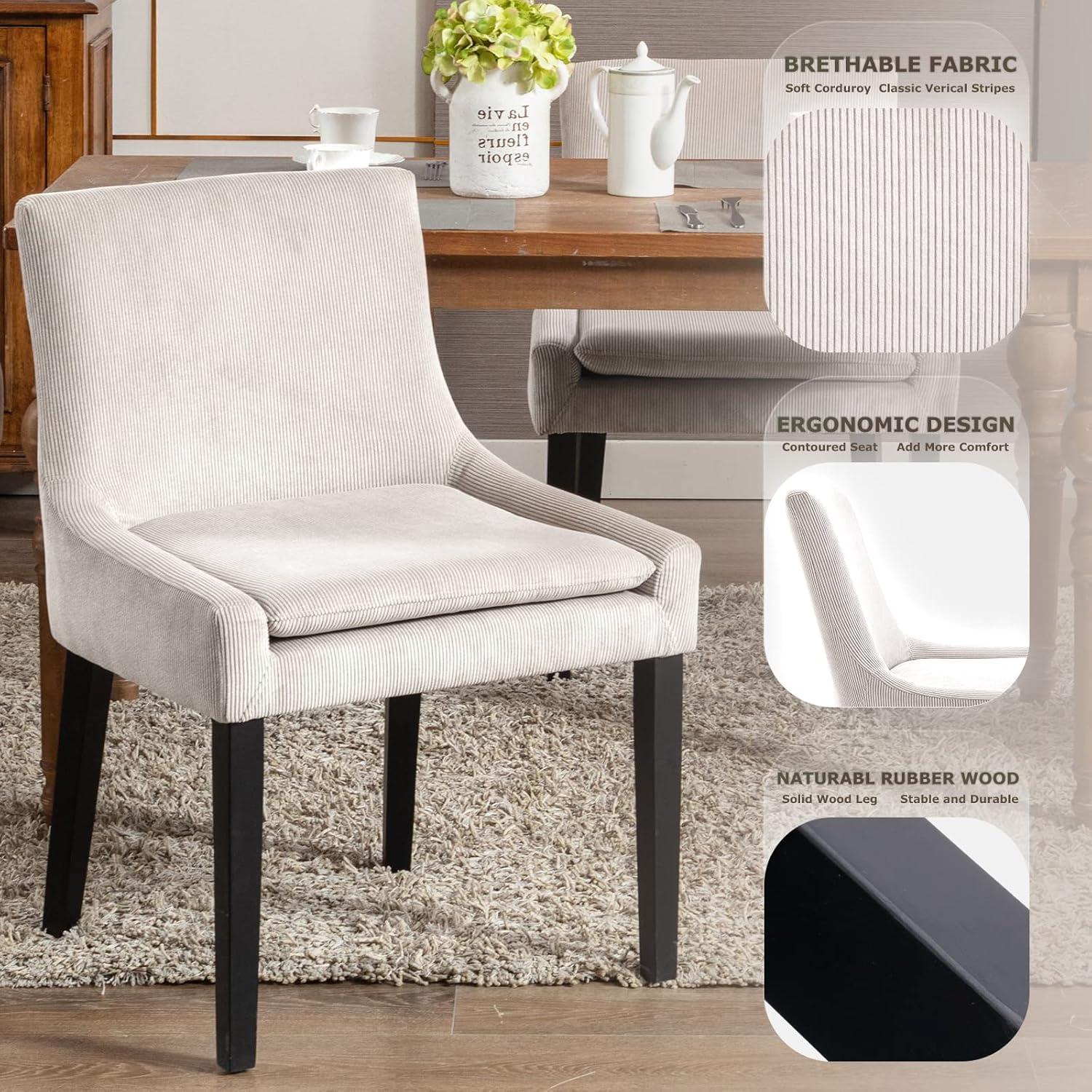 Beige Corduroy Upholstered Dining Chairs with Wood Legs, Set of 6