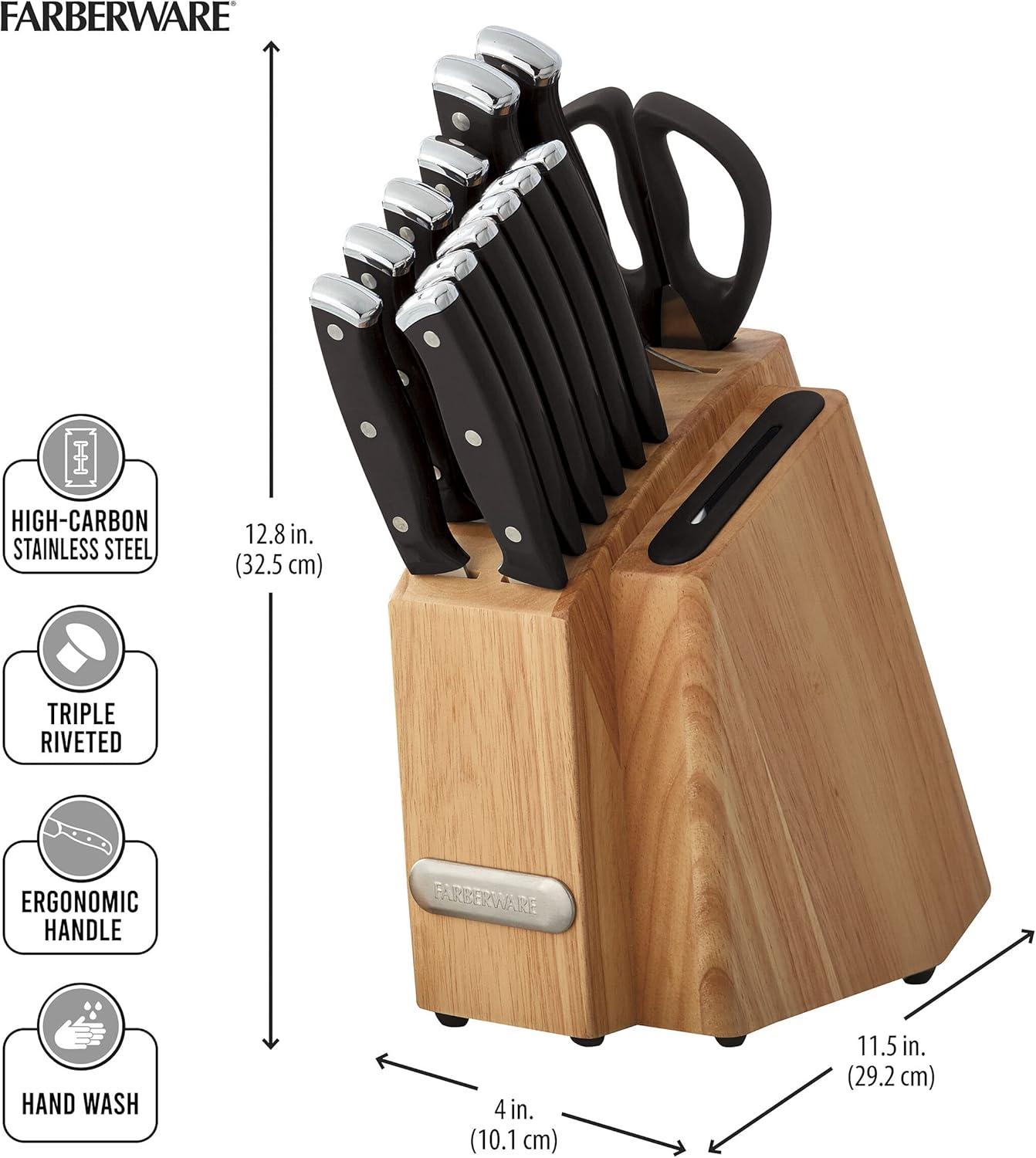 Farberware Edgekeeper Triple Riveted Slim Knife Block Set with Built in Sharpener, 14-Piece, Black