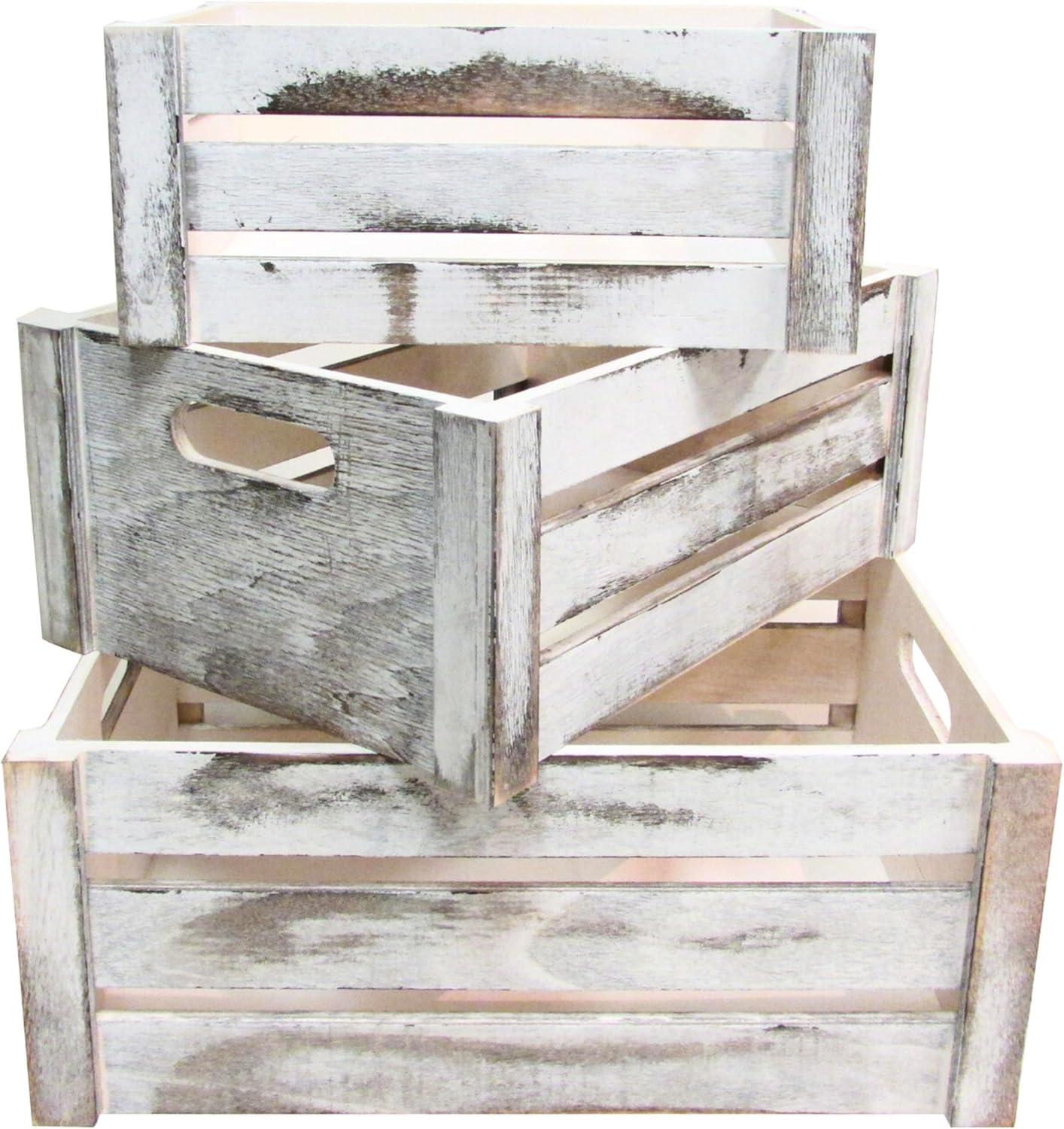 Rustic White Wooden Stackable Storage Crates Set of 3