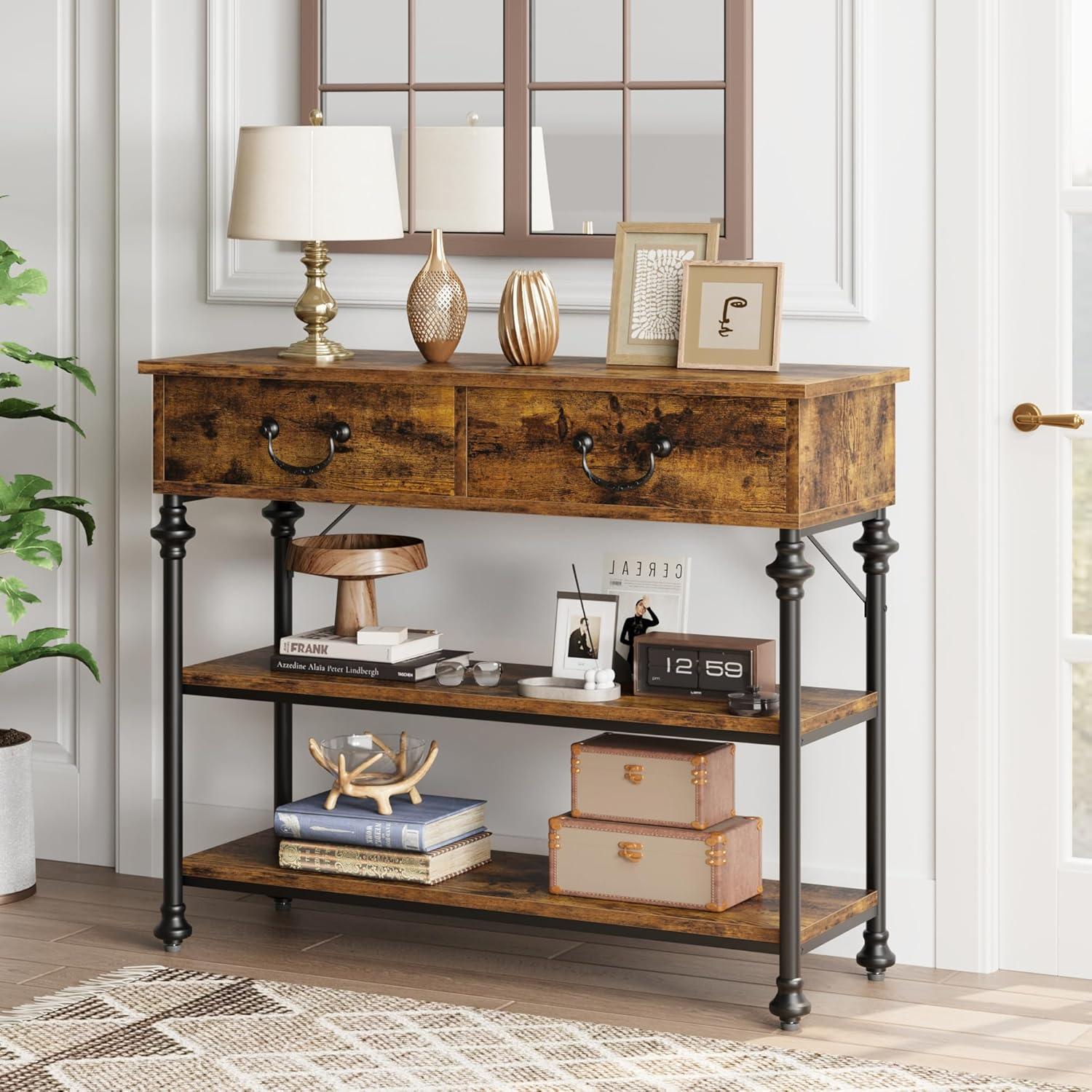 Rustic Brown Wood and Metal Console Table with Storage Shelves