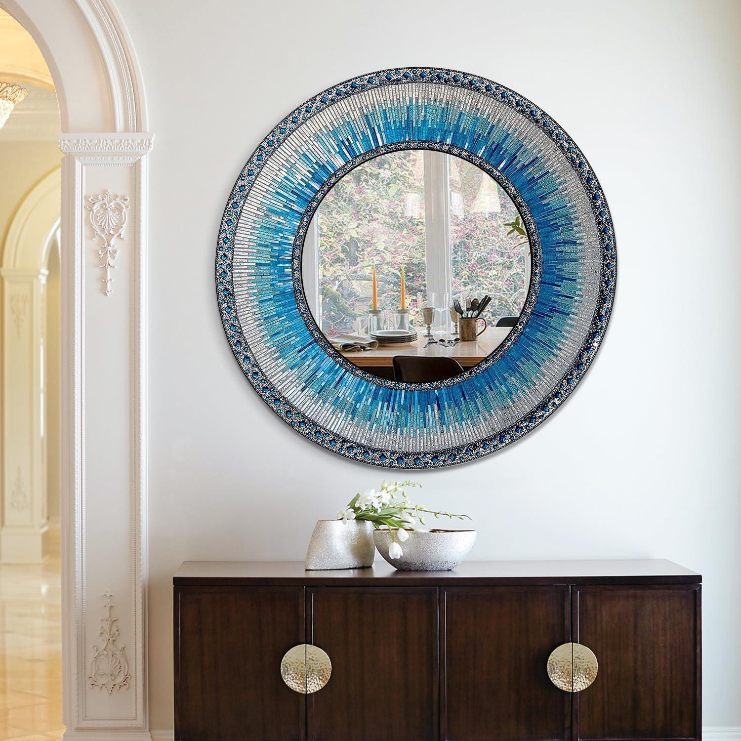 DecorShore 24" Round Decorative Mosaic Wall Mirror in Shades of Ocean Blue, Aqua, Silver, and Teal