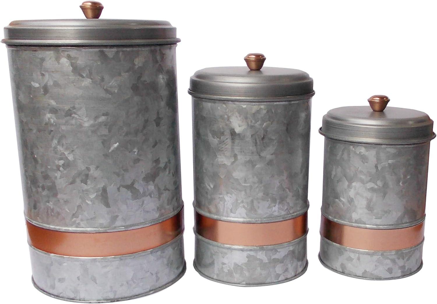 Galvanized Metal Lidded Canister With Copper Band, Set of Three, Gray