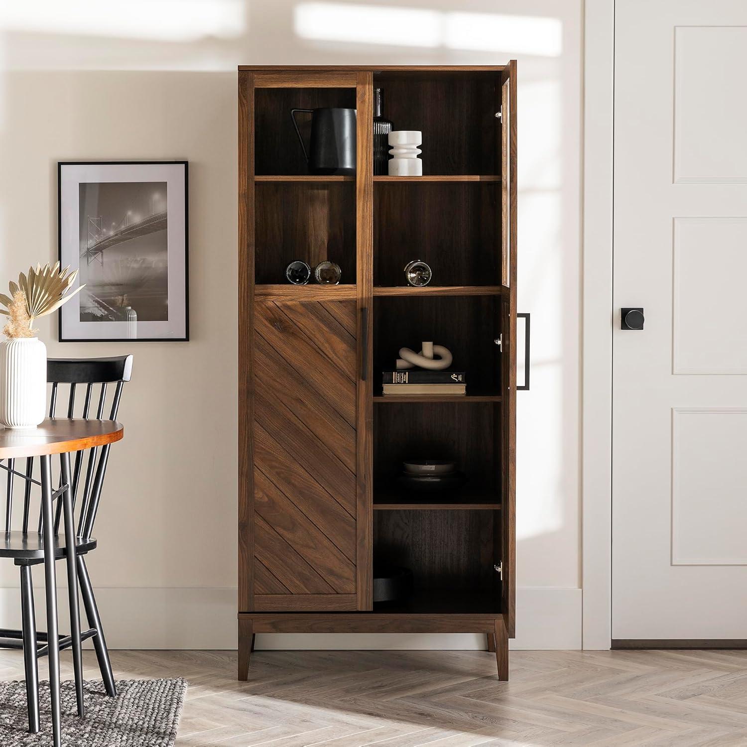 Dark Walnut Chevron Glass Door Storage Cabinet with Adjustable Shelves