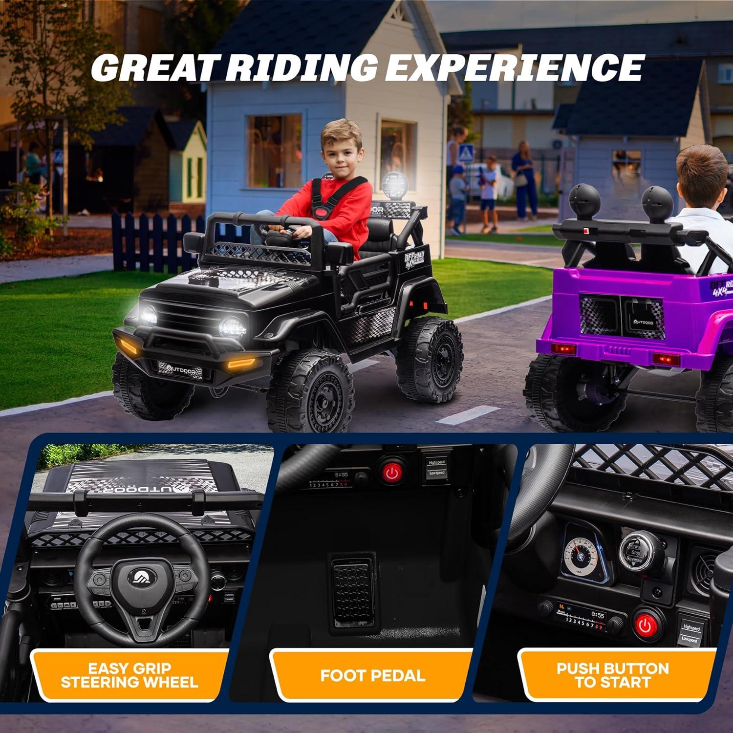 Outdoor Cruise 1 Seater 12V Ride-On Electric Car for Kids - Remote Control Ride-On Jeep Power Wheels, Battery Operated Cars for Ages 5-7 with Parental Control for Safe Adventures - Black