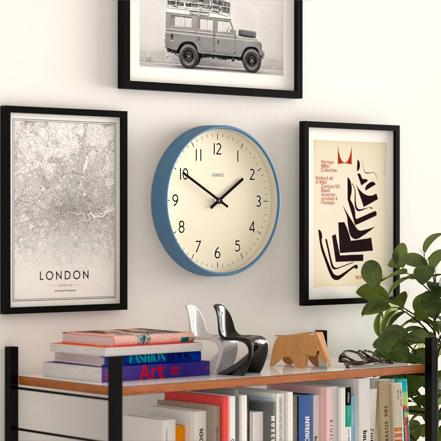JONES CLOCKS® Studio Wall Clock | Modern Round Clock | 12 inch | Mid Blue | Easy to Read Numbers | Versatile Design for Kitchen, Living Room or Office