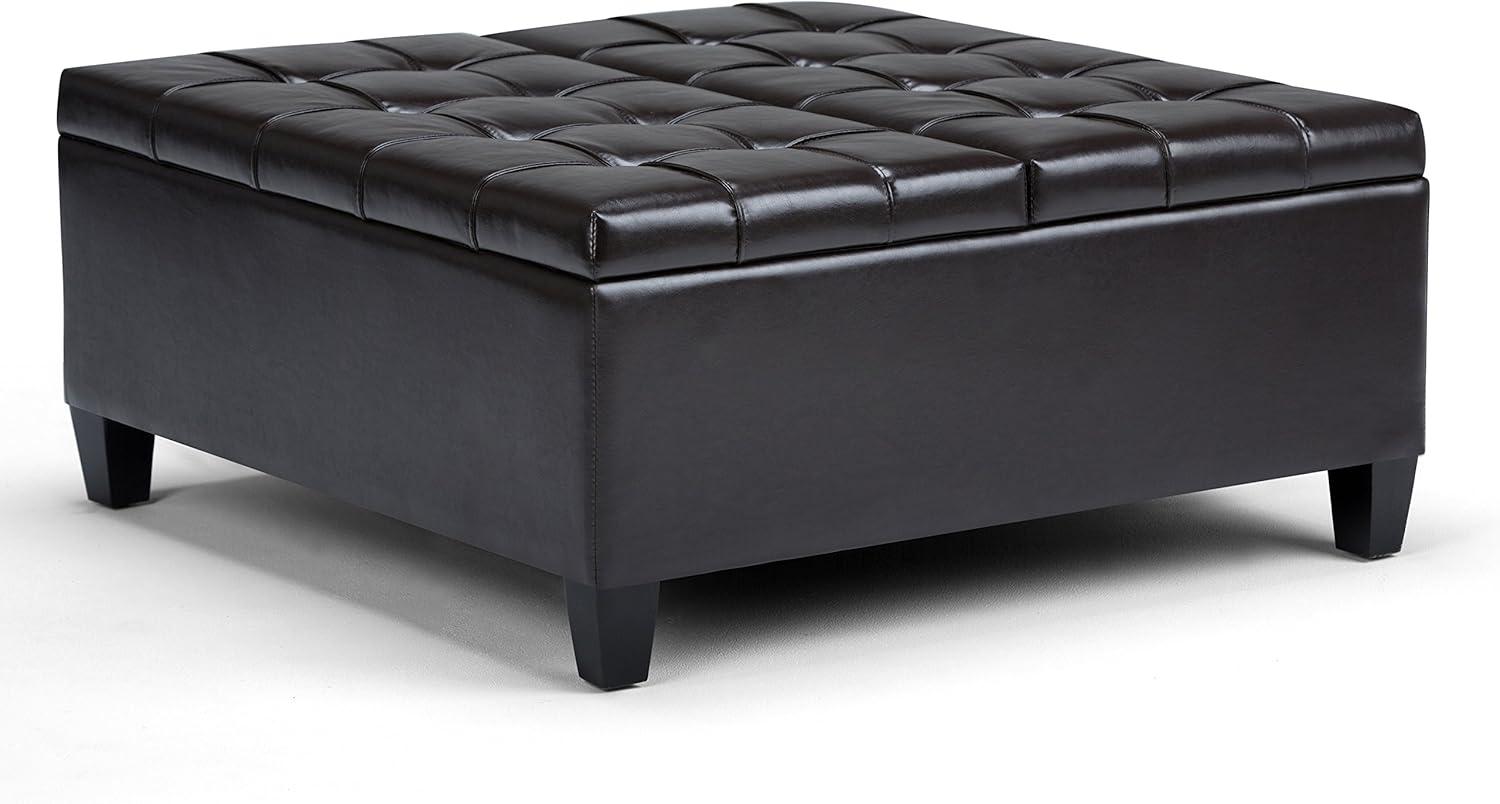 Simpli Home Harrison 36"W Upholstered Square Coffee Table Storage Ottoman with Split Lift Top