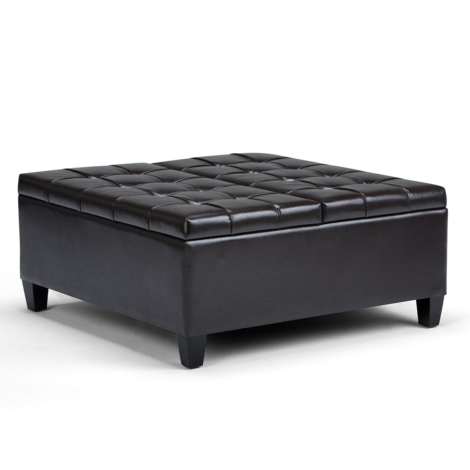 Simpli Home Harrison 36"W Upholstered Square Coffee Table Storage Ottoman with Split Lift Top